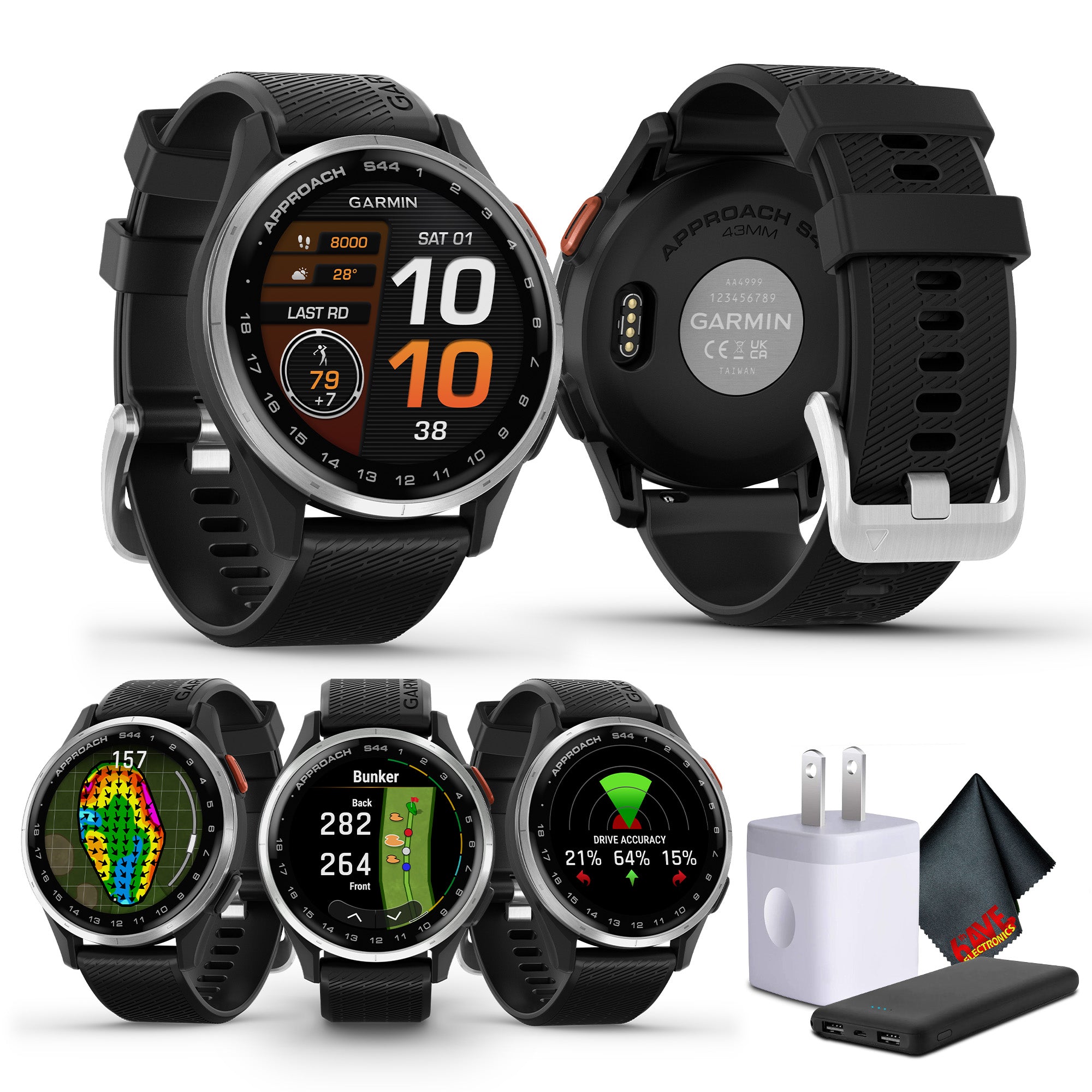 Garmin Approach S44, Silver/Black Silicone GPS Golf Smartwatch Bundle