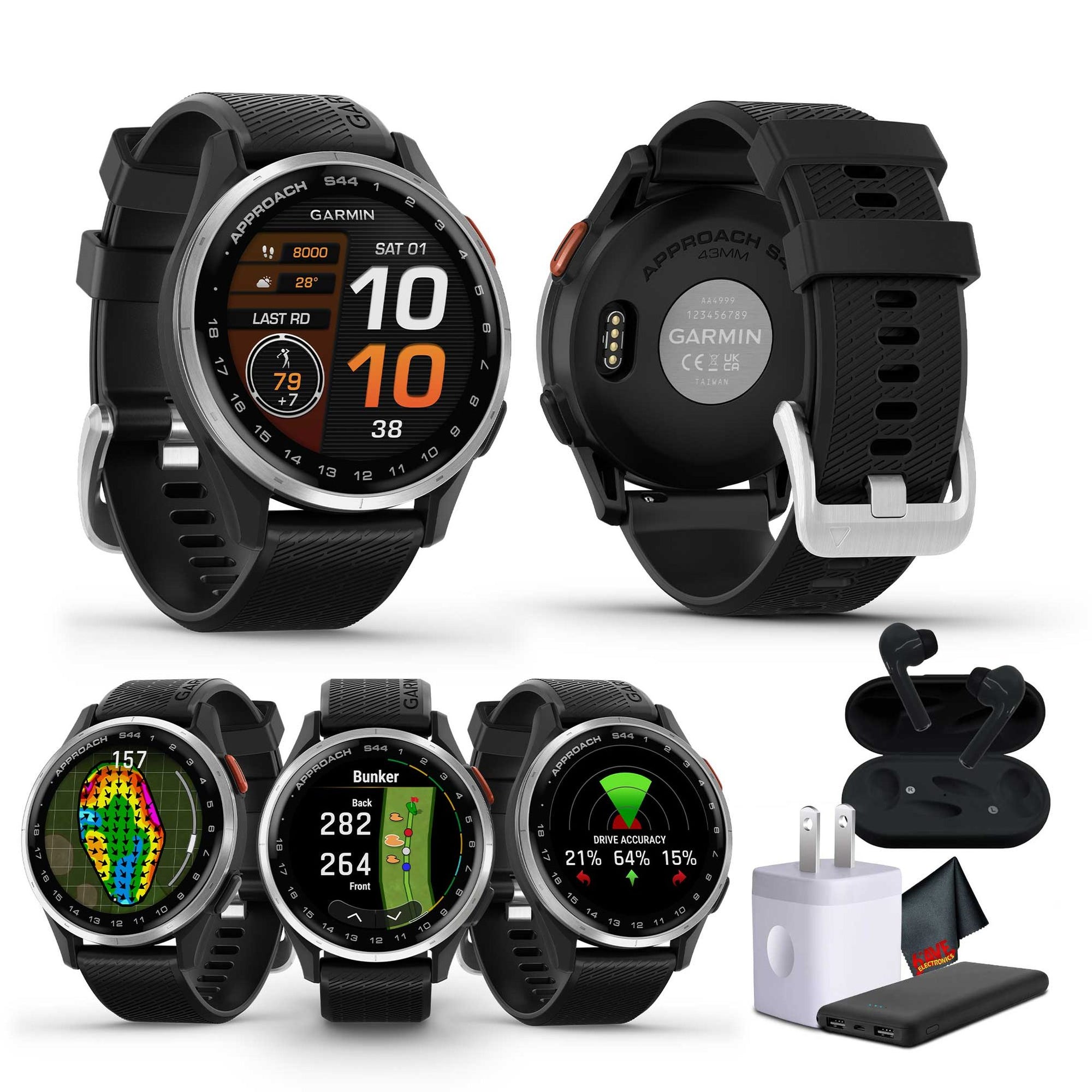 Garmin Approach S44, Silver/Black Silicone GPS Golf Smart watch Bundle