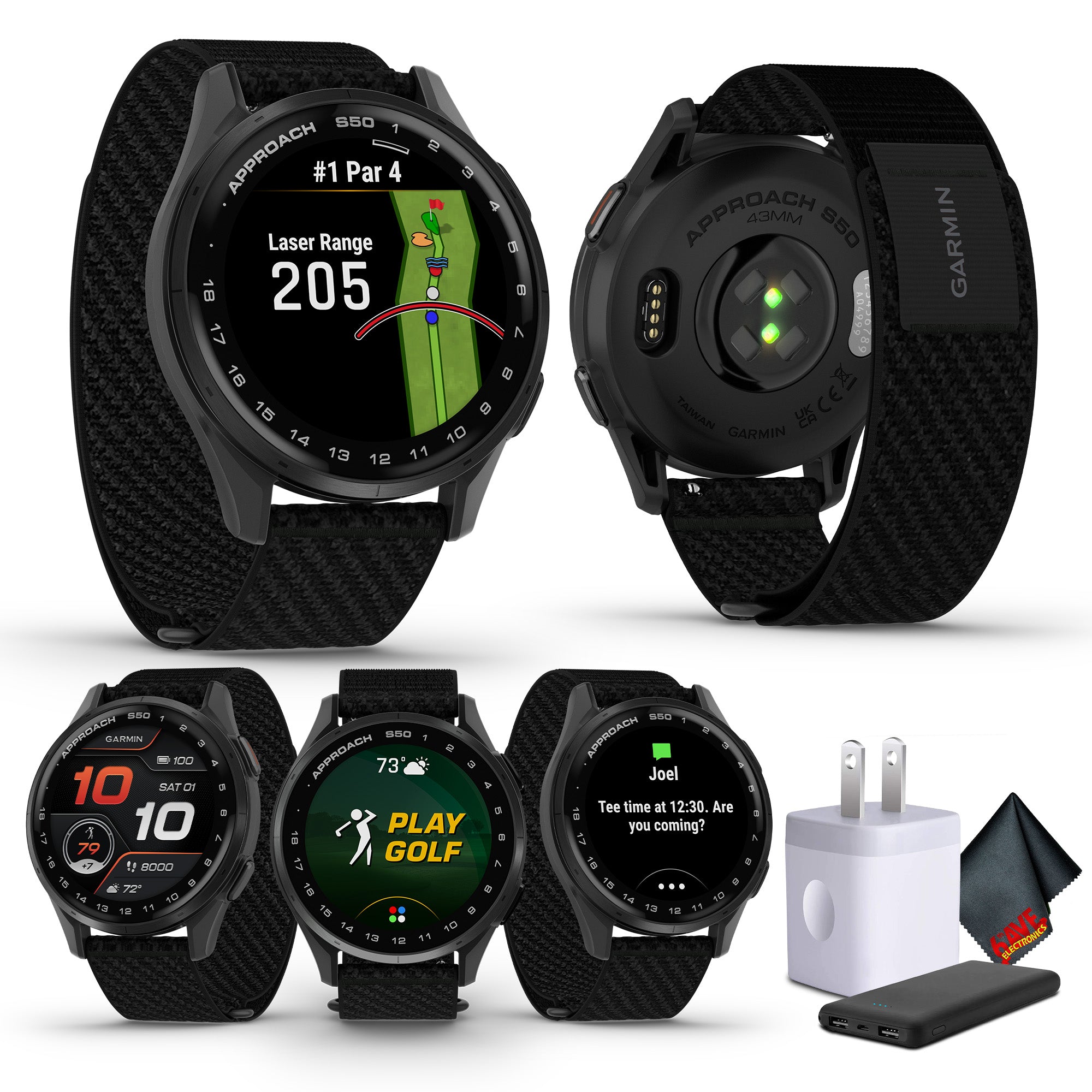 Garmin Approach S50, Slate/Black Nylon GPS Golf Smartwatch Bundle