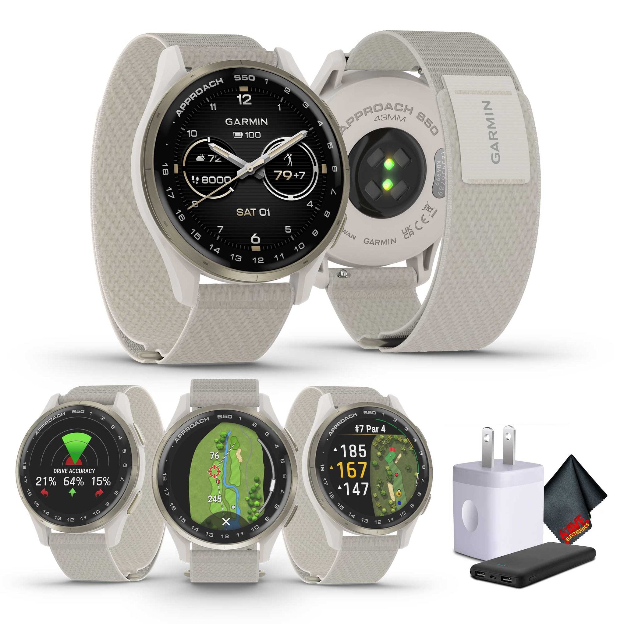 Garmin Approach S50, Cream Gold/Ivory Nylon GPS Golf Smartwatch Bundle