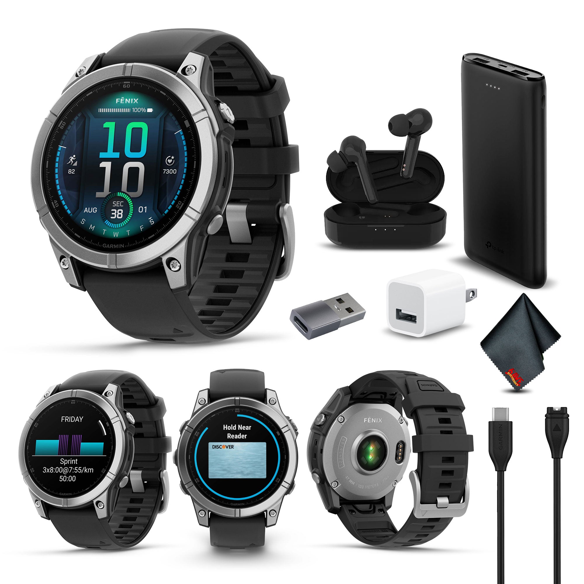 fenix E – 47 mm, AMOLED, Stainless Steel with Black Silicone Band