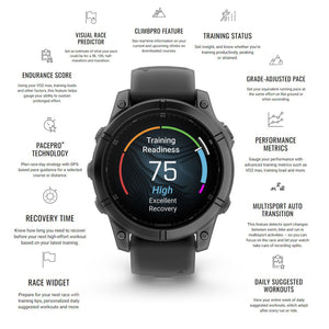fenix E – 47 mm, AMOLED, Stainless Steel with Black Silicone Band