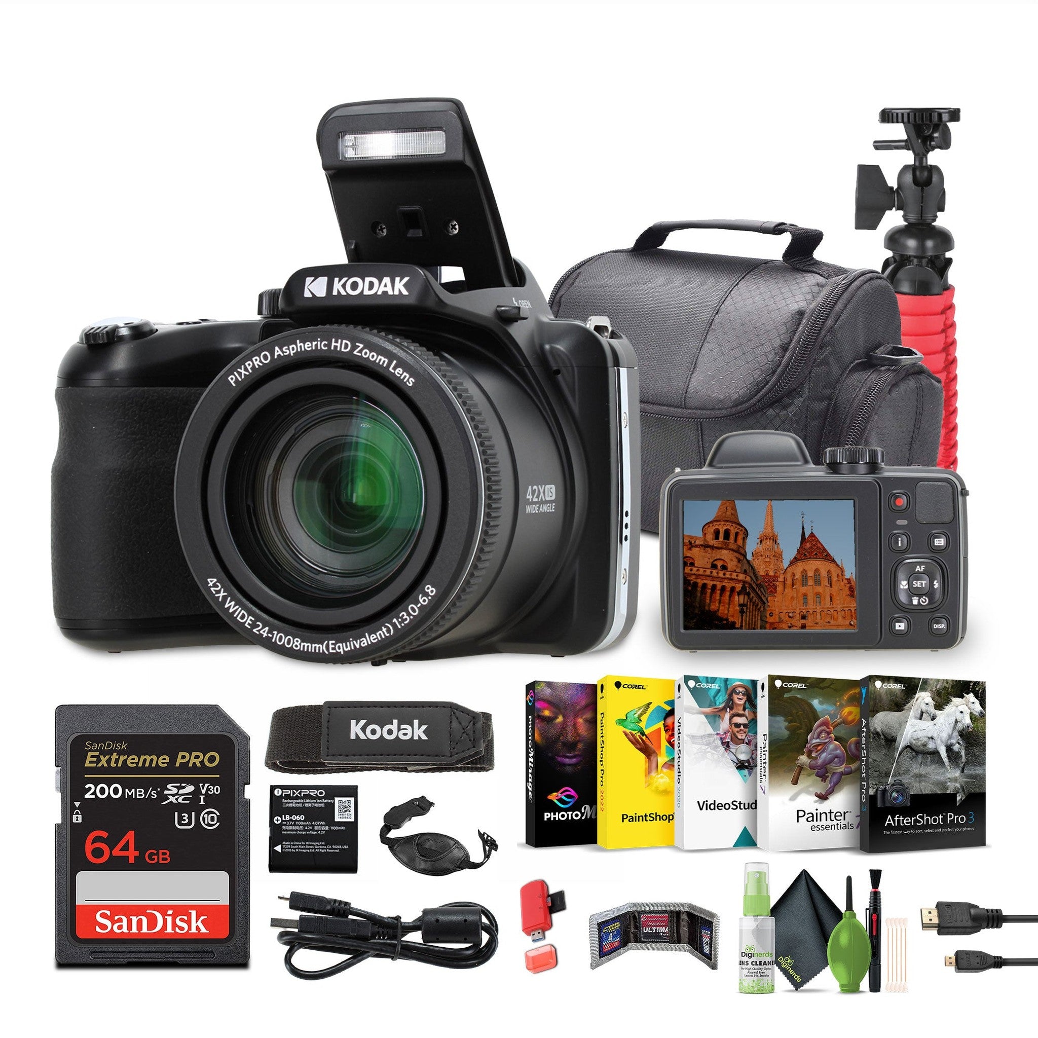 KODAK PIXPRO AZ425 20MP Digital Vlogging Camera +64GB Memory Card + More Black KODAK