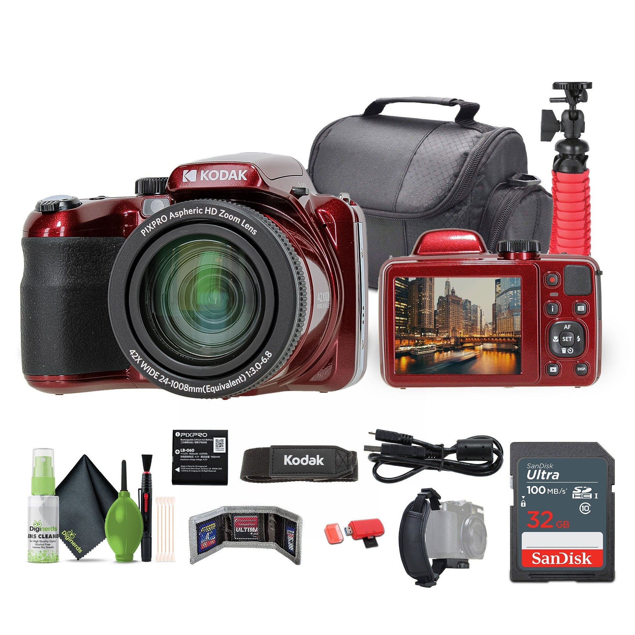 KODAK PIXPRO AZ425 20MP Digital Vlogging Camera +32GB Memory Card + More RED KODAK