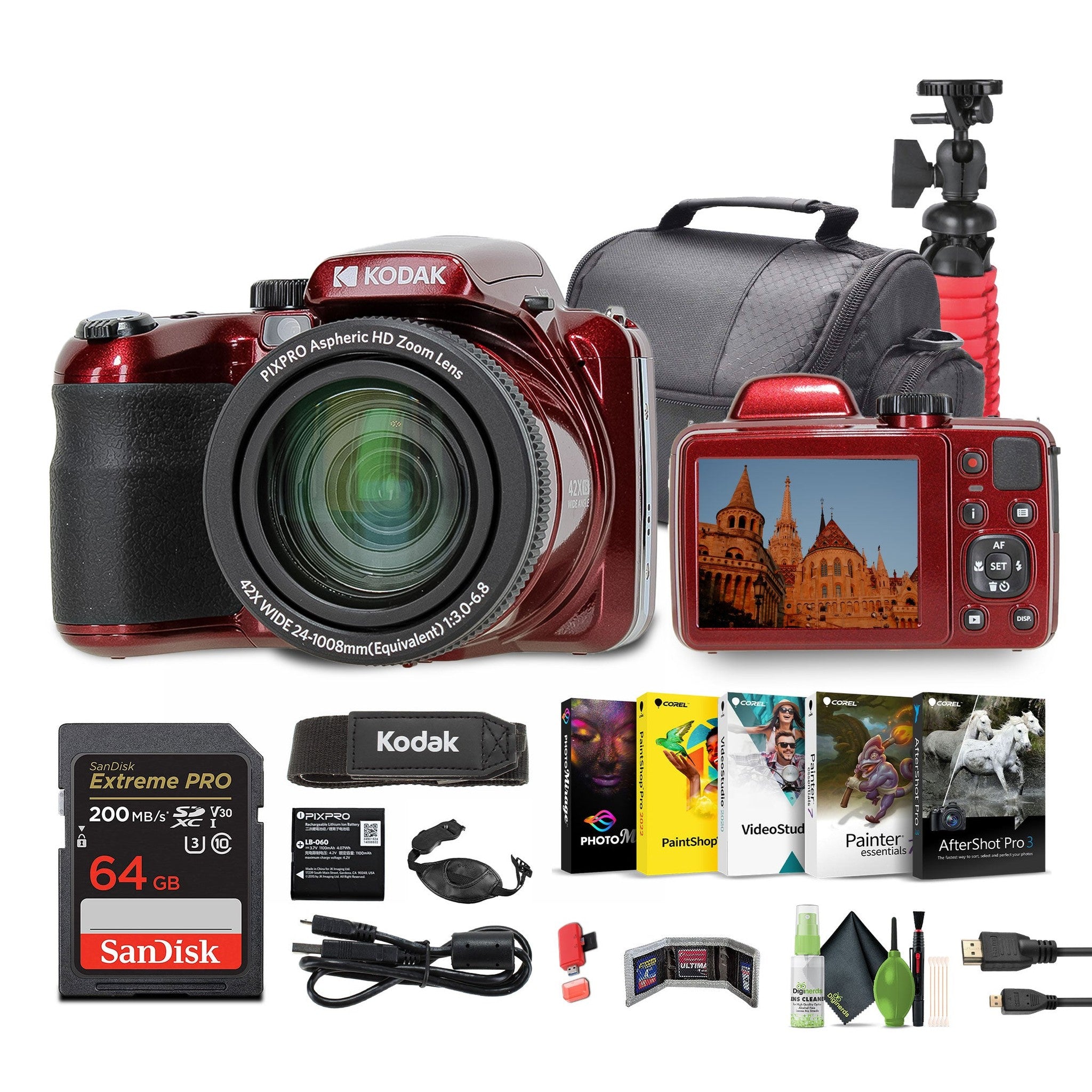 KODAK PIXPRO AZ425 20MP Digital Vlogging Camera +64GB Memory Card + More RED KODAK