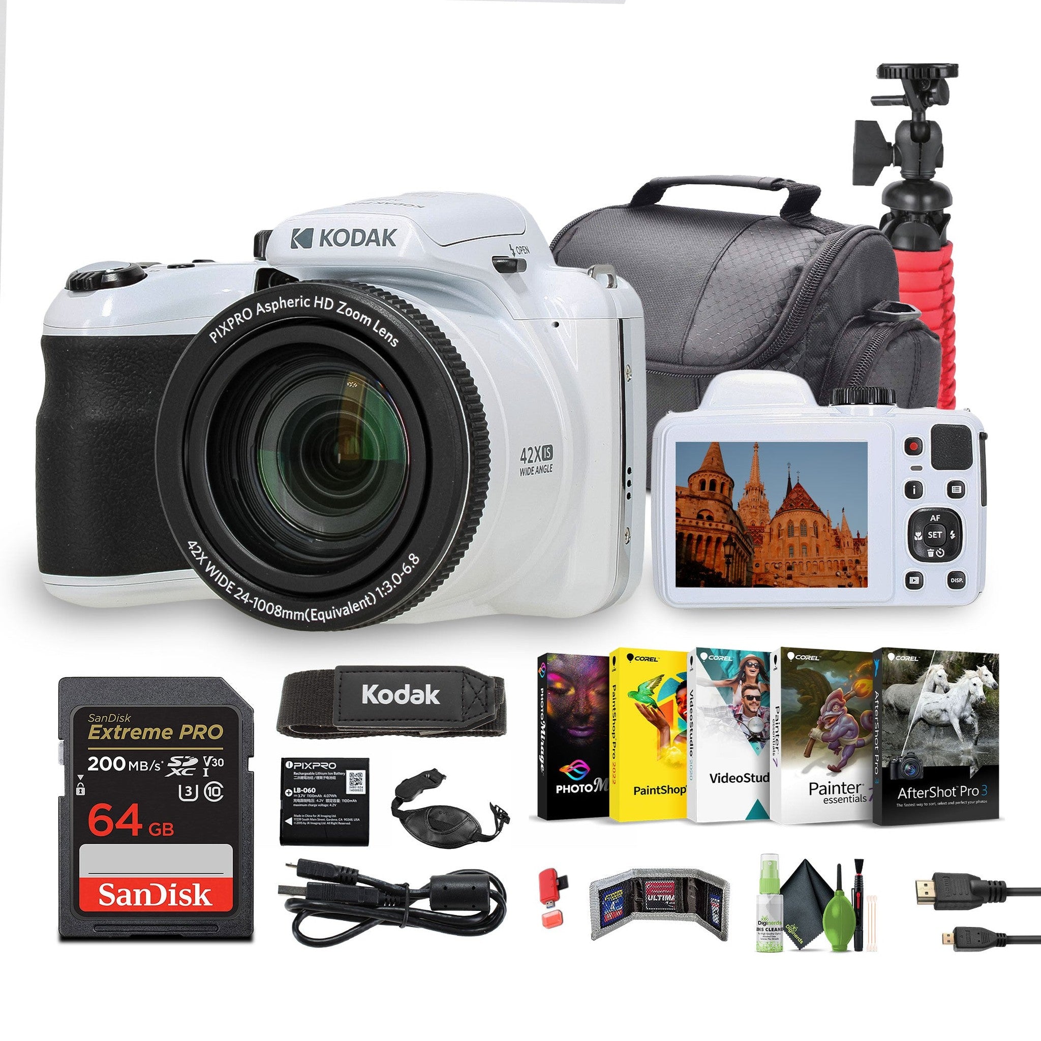 KODAK PIXPRO AZ425 20MP Digital Vlogging Camera +64GB Memory Card + More White KODAK