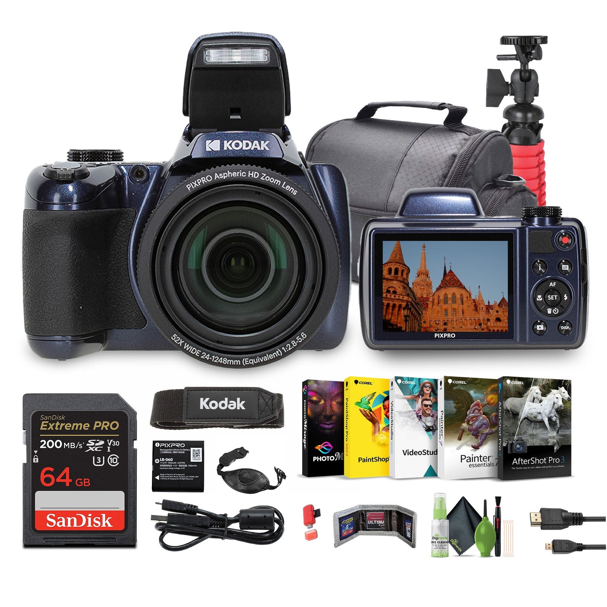 KODAK PIXPRO Astro Zoom AZ528 16MP Digital Camera + 64GB Memory Card + More Blue KODAK