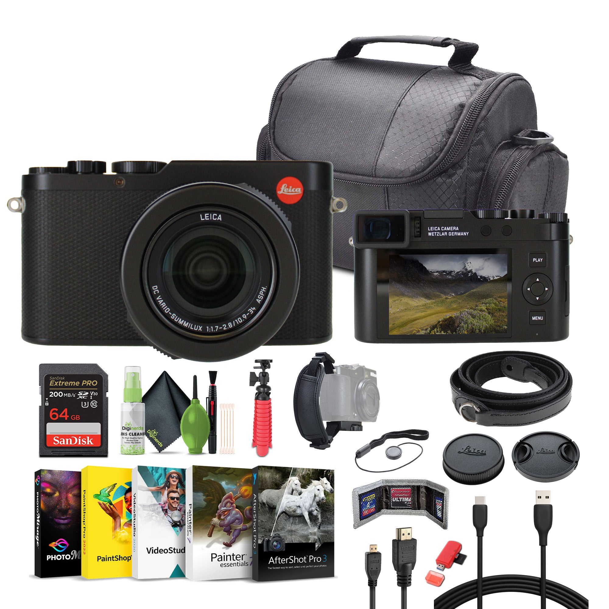 Leica D-Lux 8 Compact Digital Camera 17MP CMOS Sensor, 10.9-34mm f/1.7-2.8 Lens (19191) Bundle With 64GB Memory Card + Corel Photo, Video, & Art Suite Deluxe + Vlogging Tripod + More