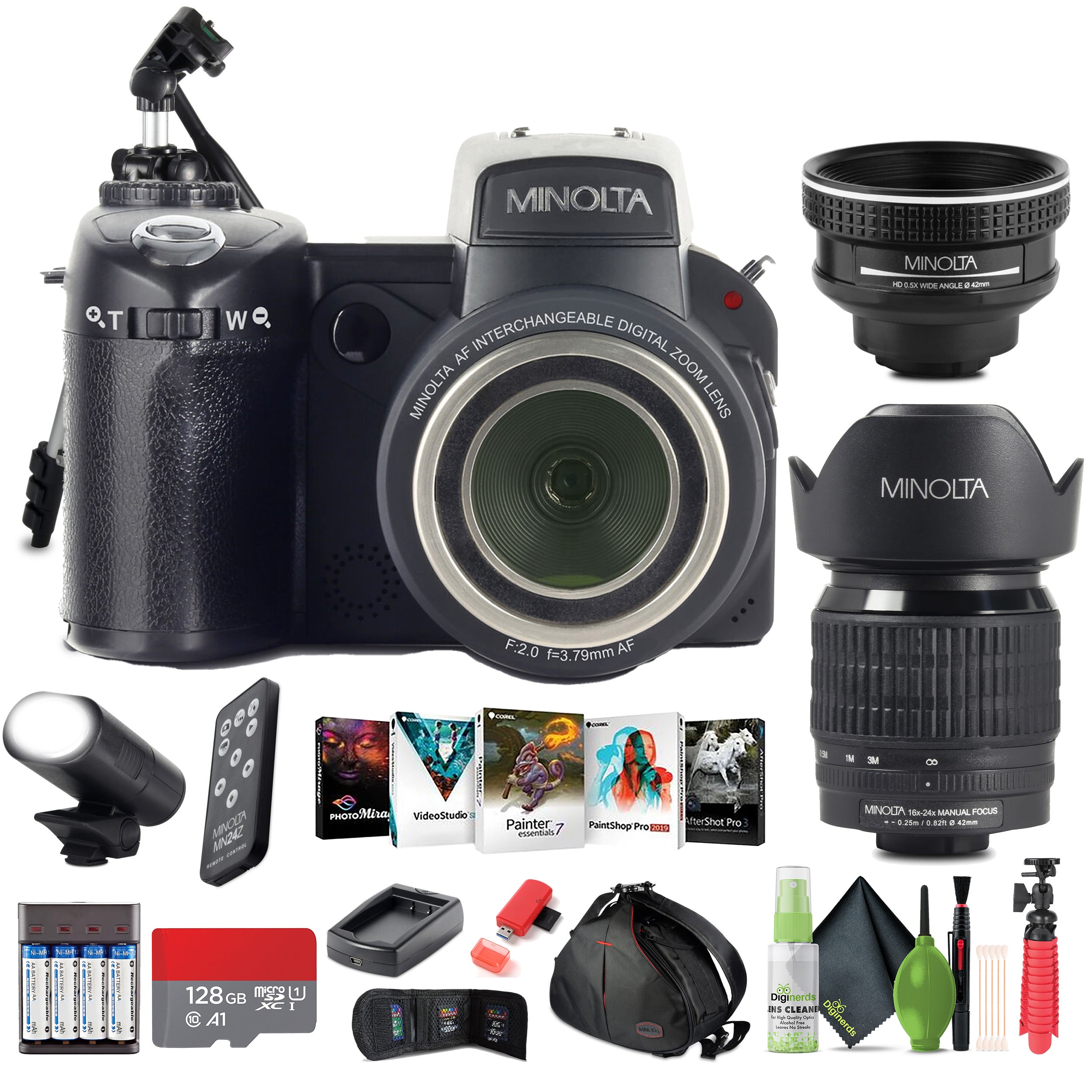 MINOLTA MN24Z 33 MP Autofocus / 1080P FHD Camera w/ Lens Kit, 128GB Memory Card