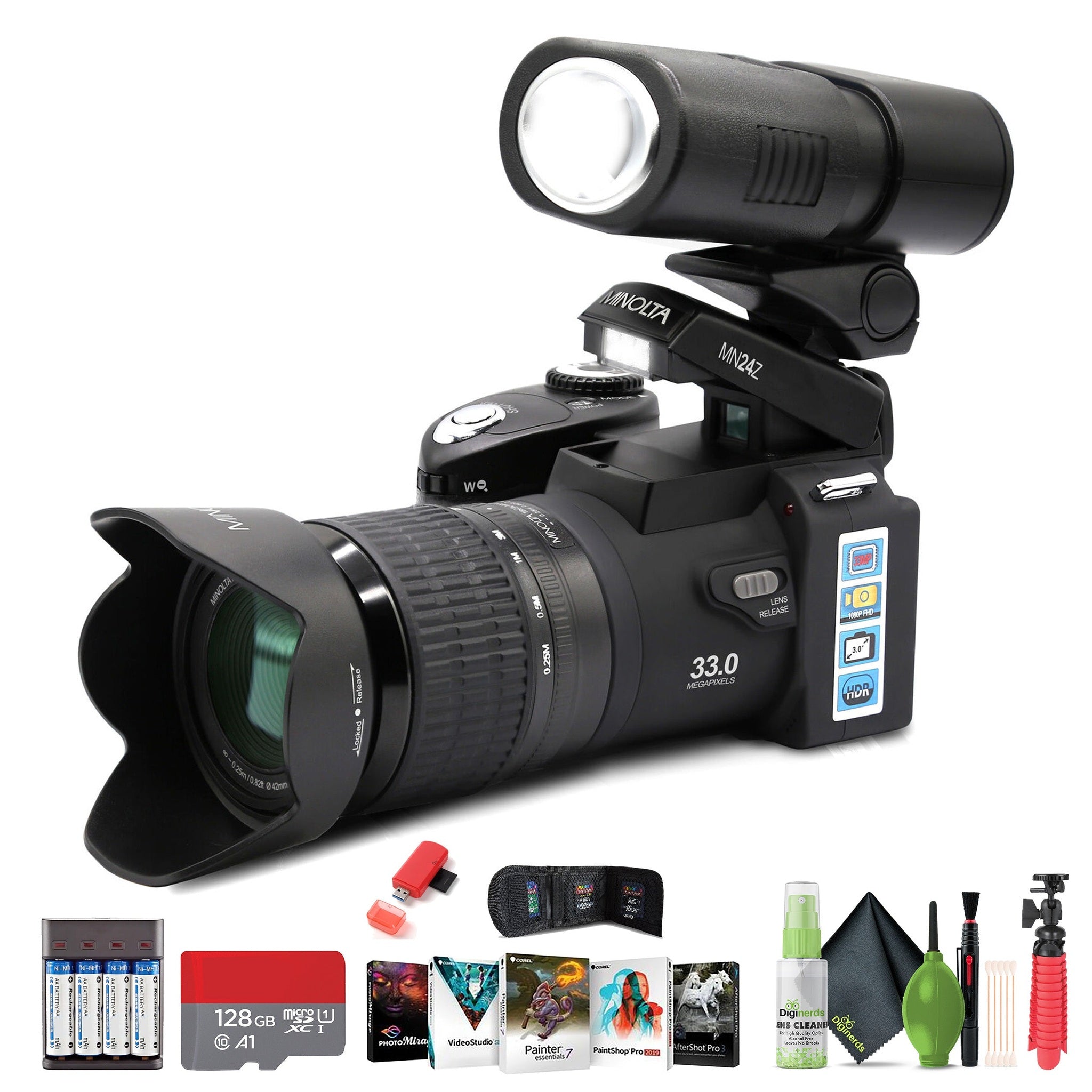 MINOLTA MN24Z 33 MP Autofocus / 1080P FHD Camera w/ Lens Kit, 128GB Memory Card Minolta