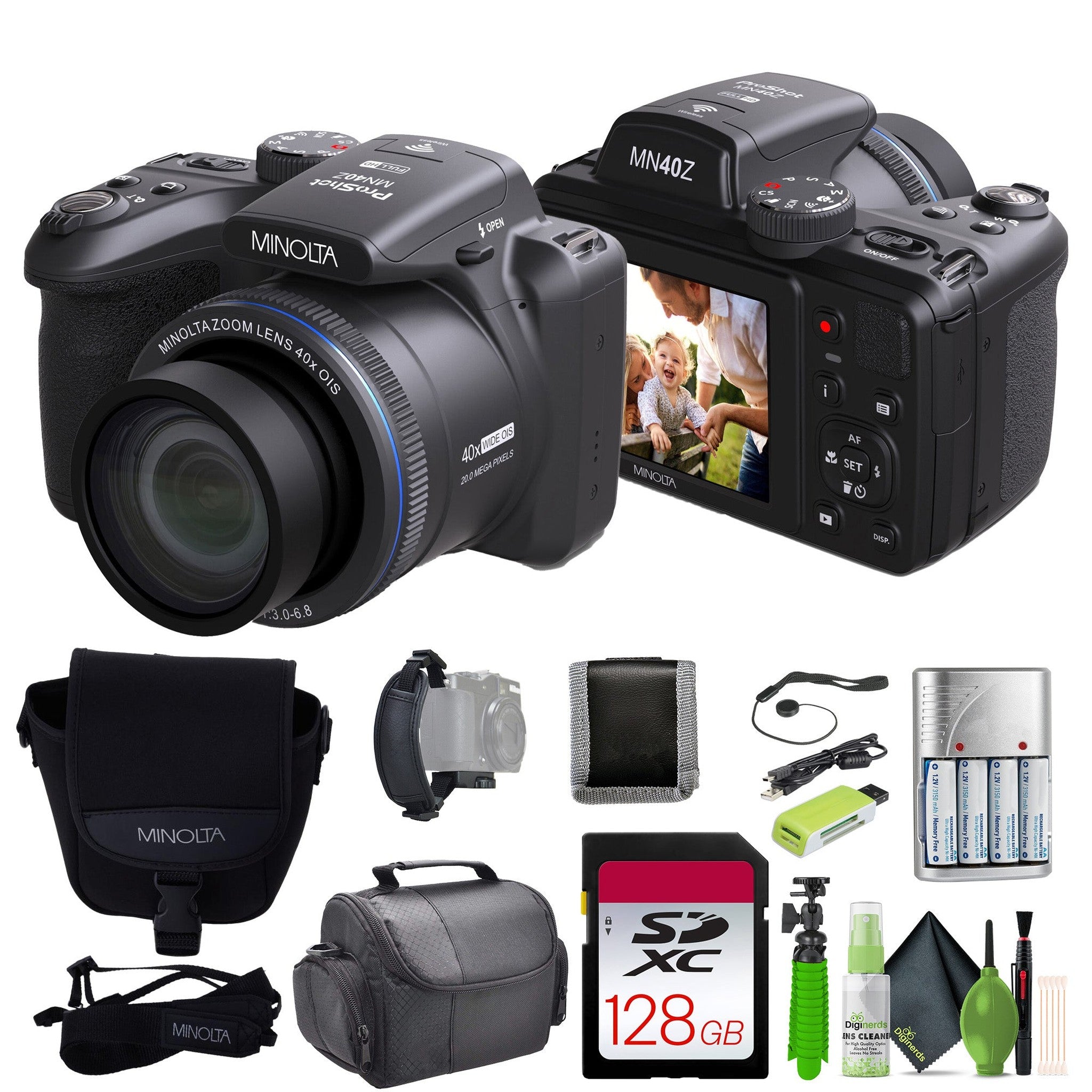 Minolta 20 Mega Pixels 40x Optical Zoom Digital Camera, 1080p FHD Video Bundle, Black