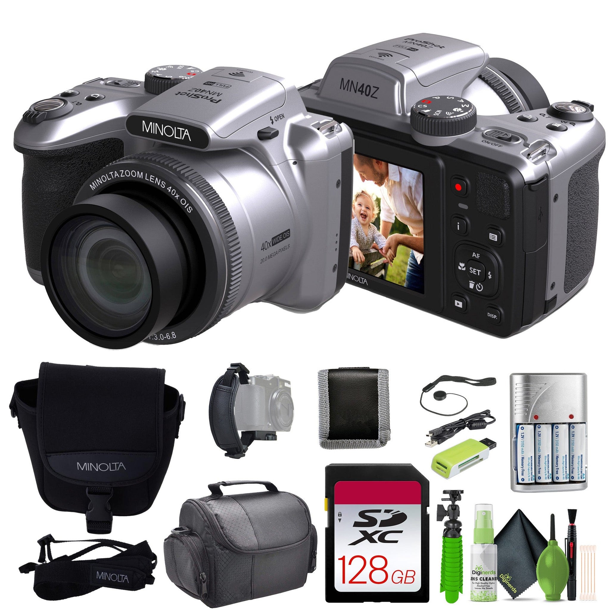Minolta 20 Mega Pixels 40x Optical Zoom Digital Camera, 1080p FHD Video Bundle, Silver