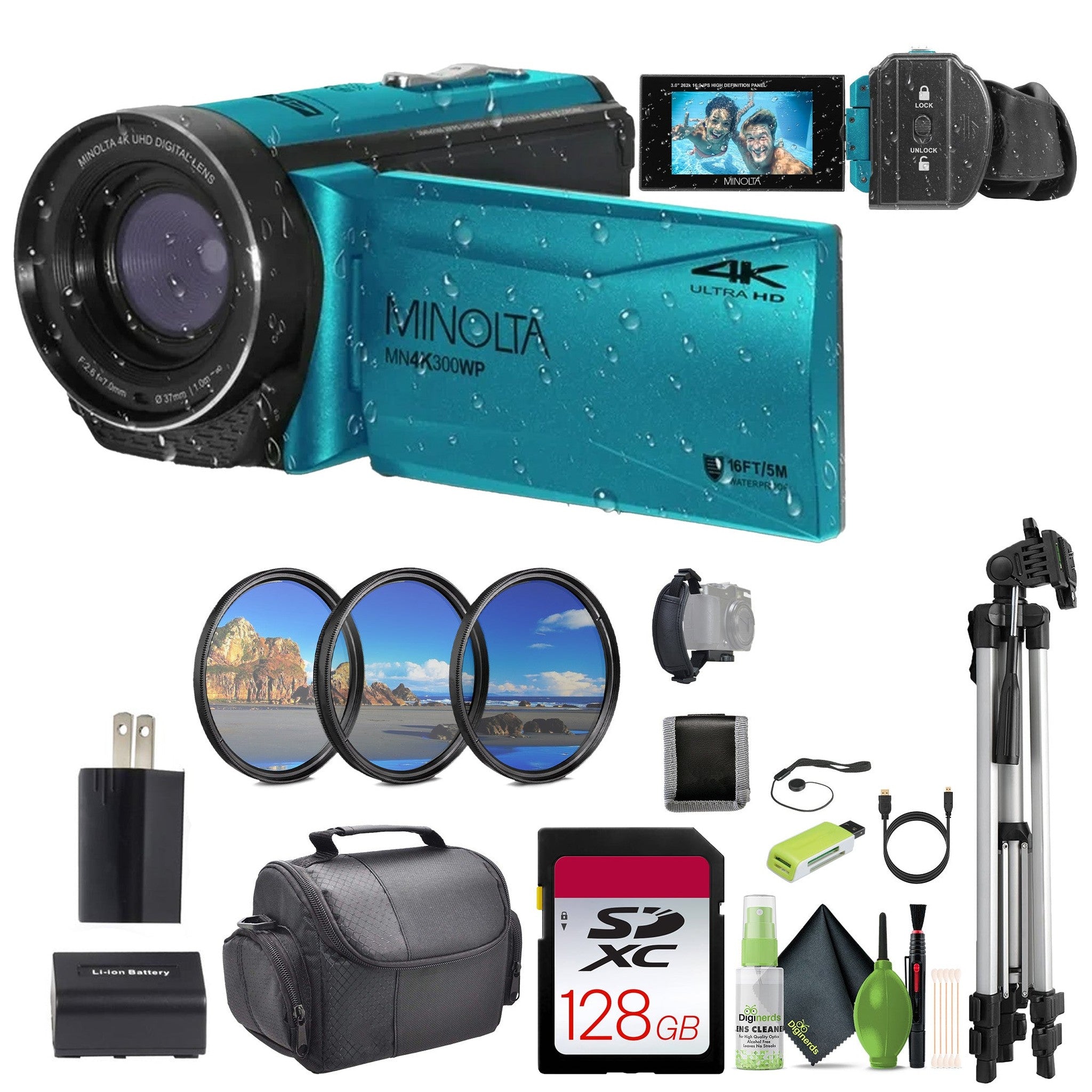 Minolta MN4K300WP 4K Ultra HD / 56 MP Waterproof Camcorder - Blue - Bundle