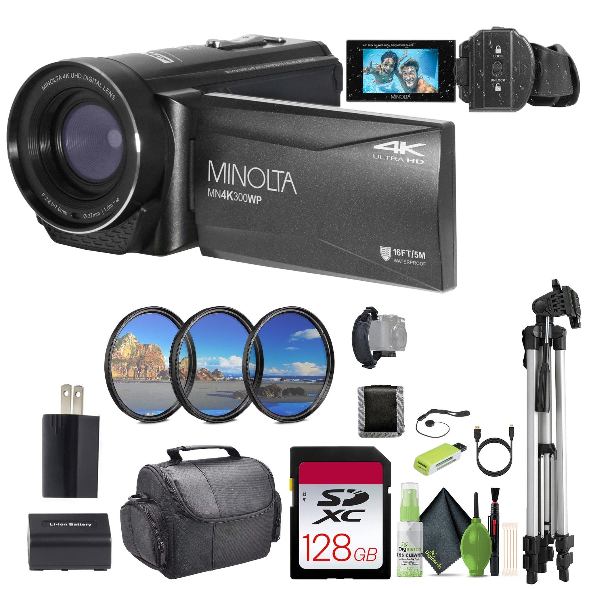 Minolta MN4K300WP 4K Ultra HD / 56 MP Waterproof Camcorder - Black - Bundle