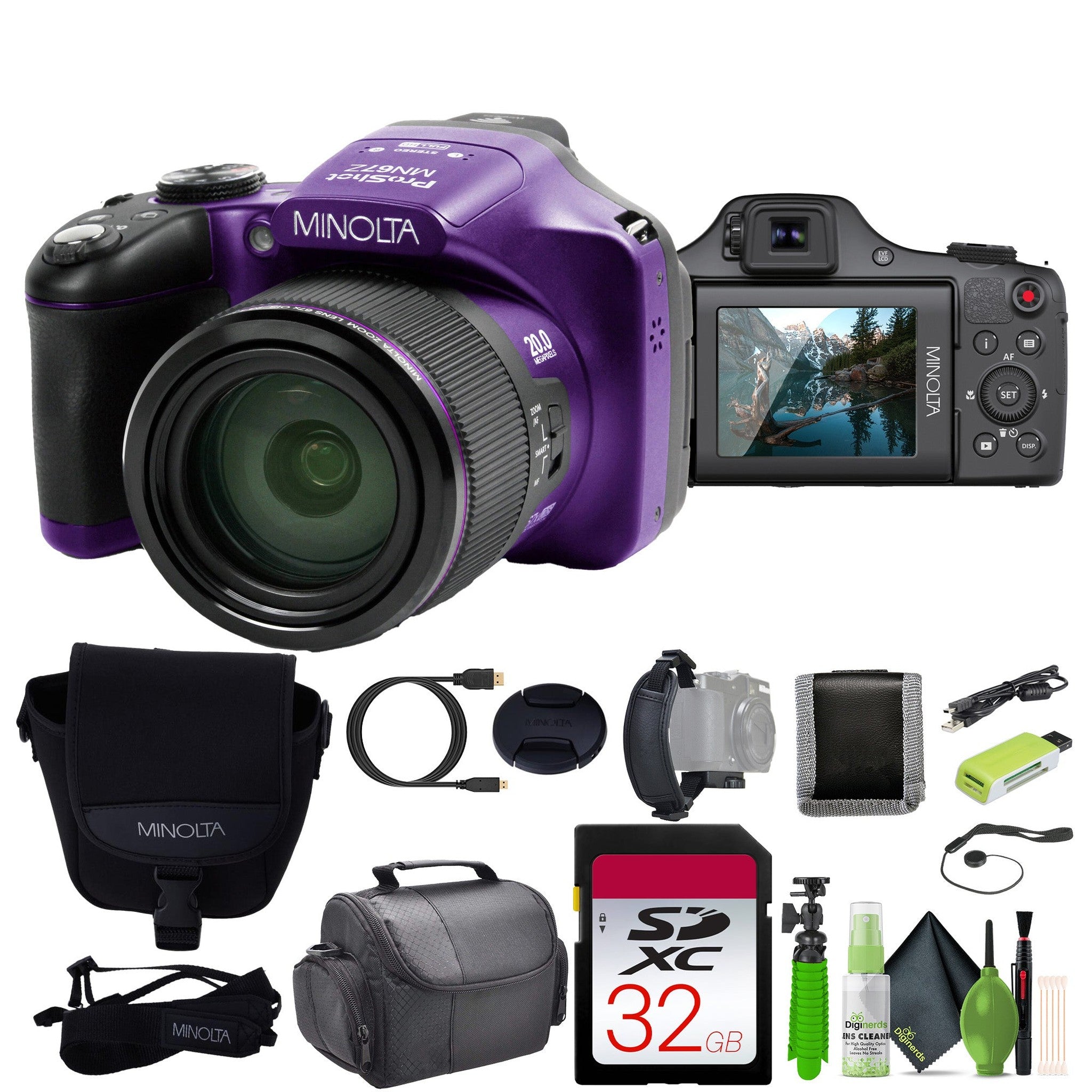 Minolta Pro Shot 20 MP HD Digital Camera with 67X Zoom, 1080P HD Video Bundle -