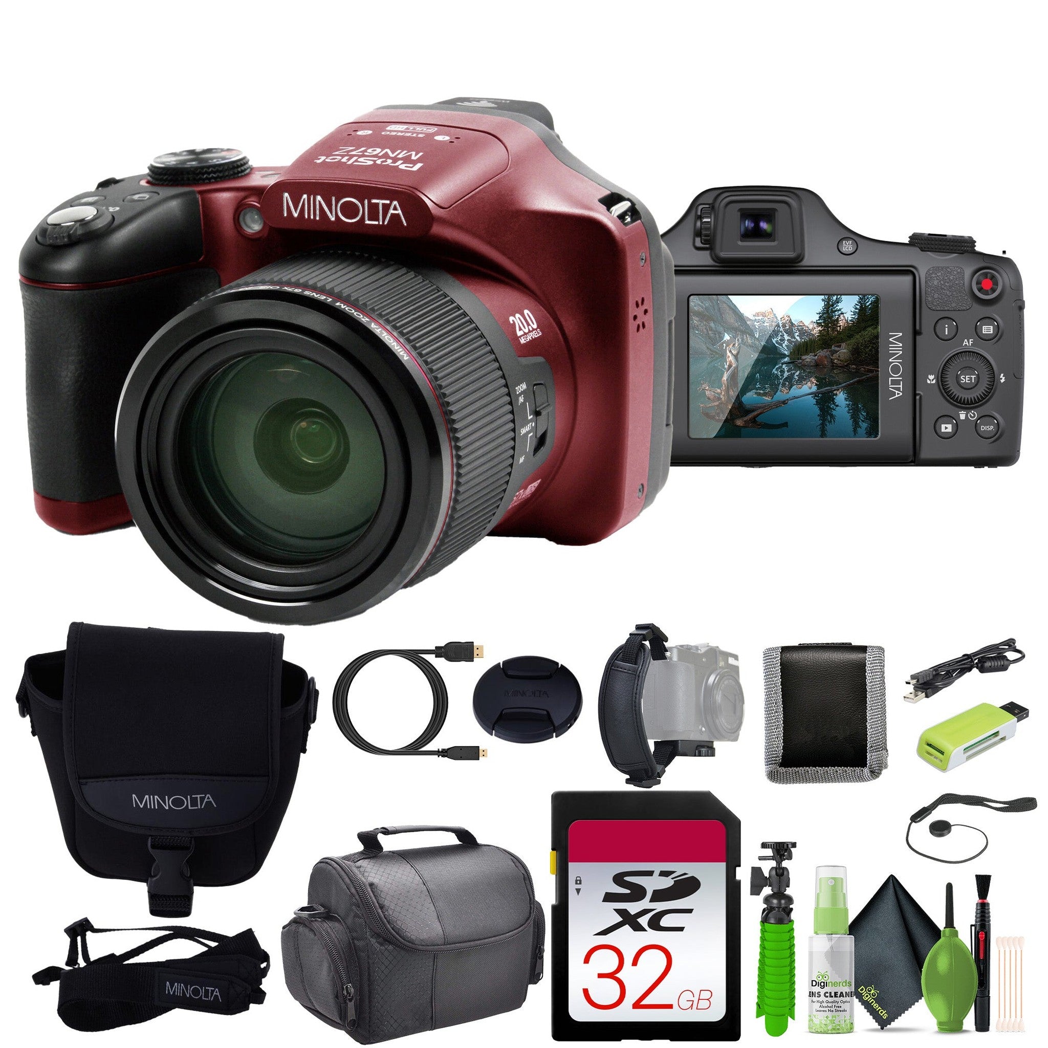 Minolta Pro Shot 20 MP HD Digital Camera with 67X Zoom, 1080P HD Video Bundle -