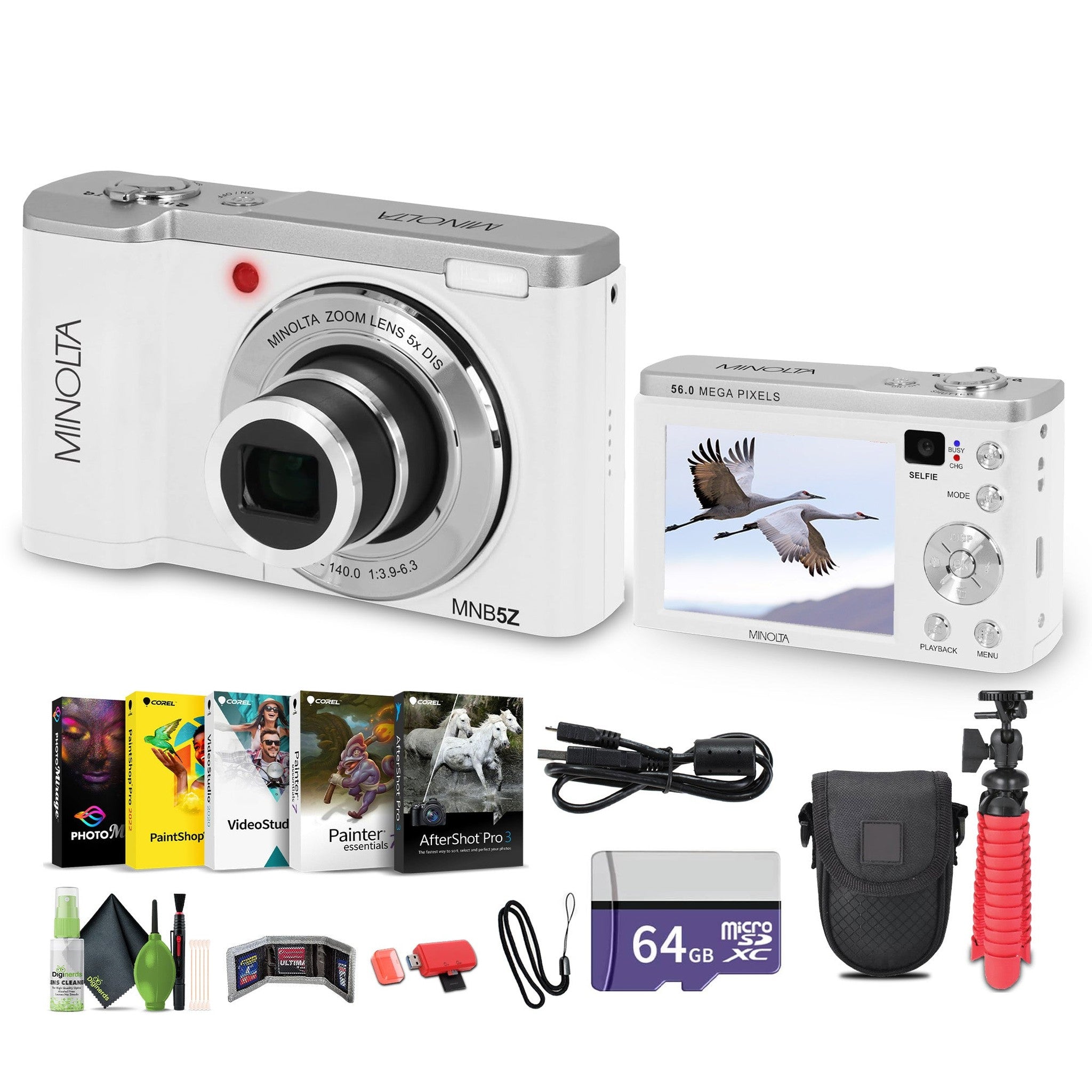 Minolta MNB5Z Digital Camera 56MP with 5x Optical Zoom in White Bundle