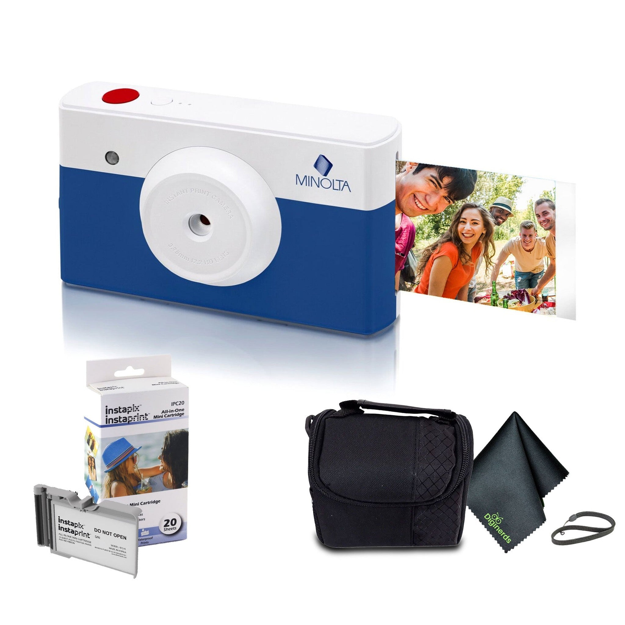 Minolta Instapix Print Camera with Printer Blue , Camera Bag, Diginerds Microfiber Cleaning Cloth, Instapix 2 pack Instaprint mini Cartridges 20 Photo Print , Bundle Minolta