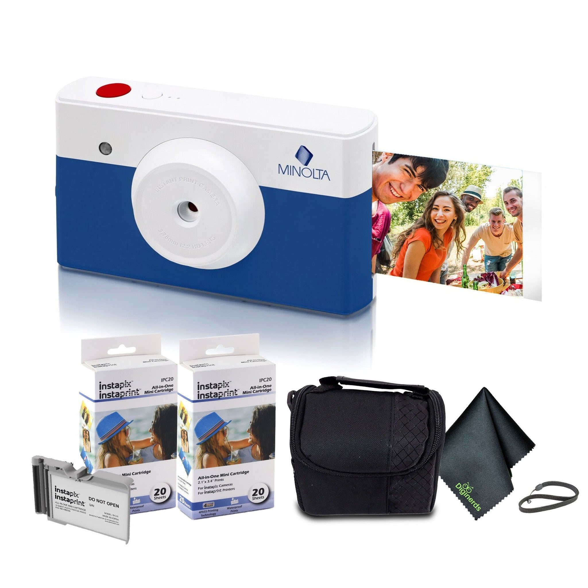 Minolta Instapix Print Camera with Printer Blue , Camera Bag, Diginerds Microfiber Cleaning Cloth, 2x Instapix 2 pack Instaprint mini Cartridges 20 Photo Print , Bundle Minolta