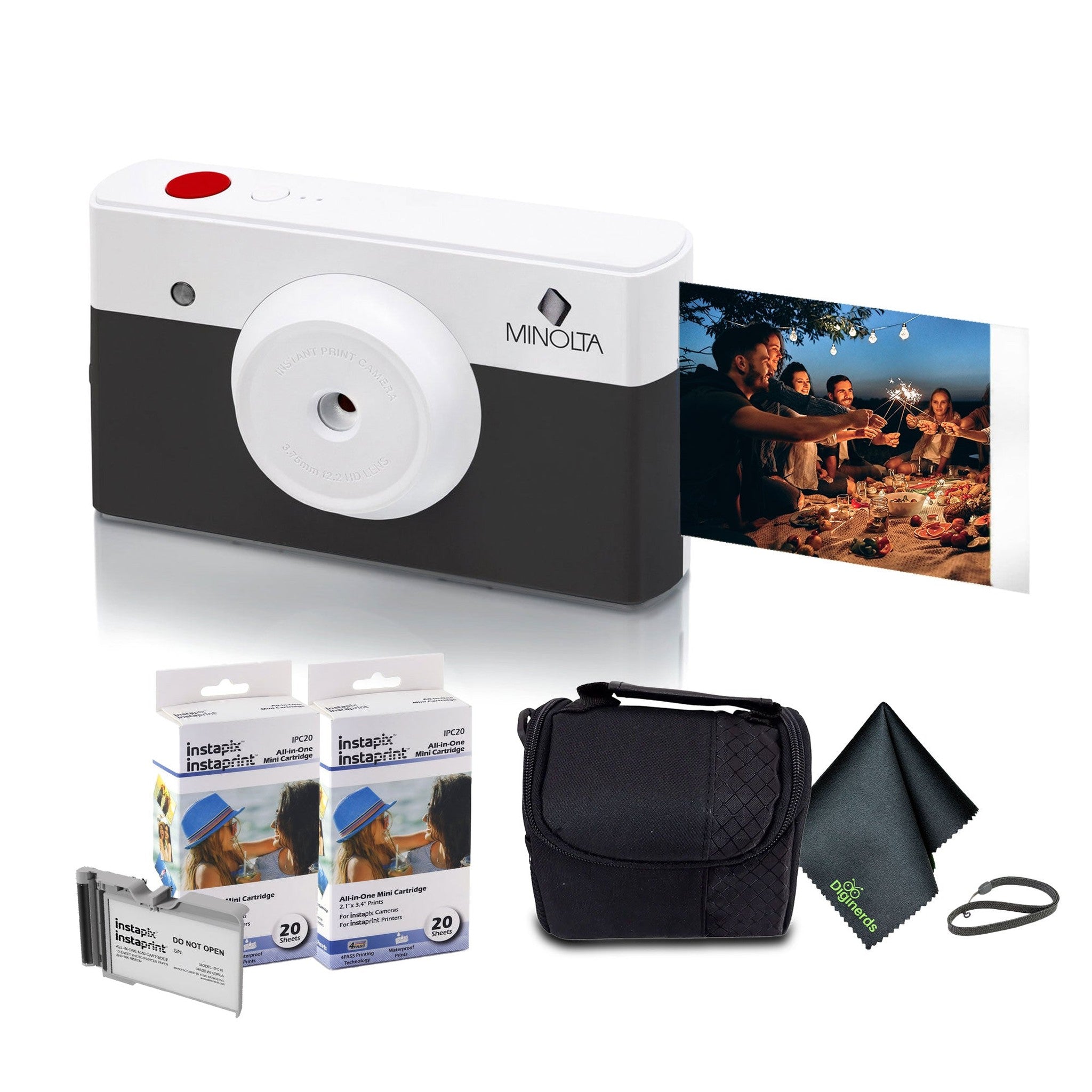 Minolta Instapix Print Camera with Printer Charcoal , Camera Bag, Diginerds Microfiber Cleaning Cloth, 2x Instapix 2 pack Instaprint mini Cartridges 20 Photo Print , Bundle Minolta