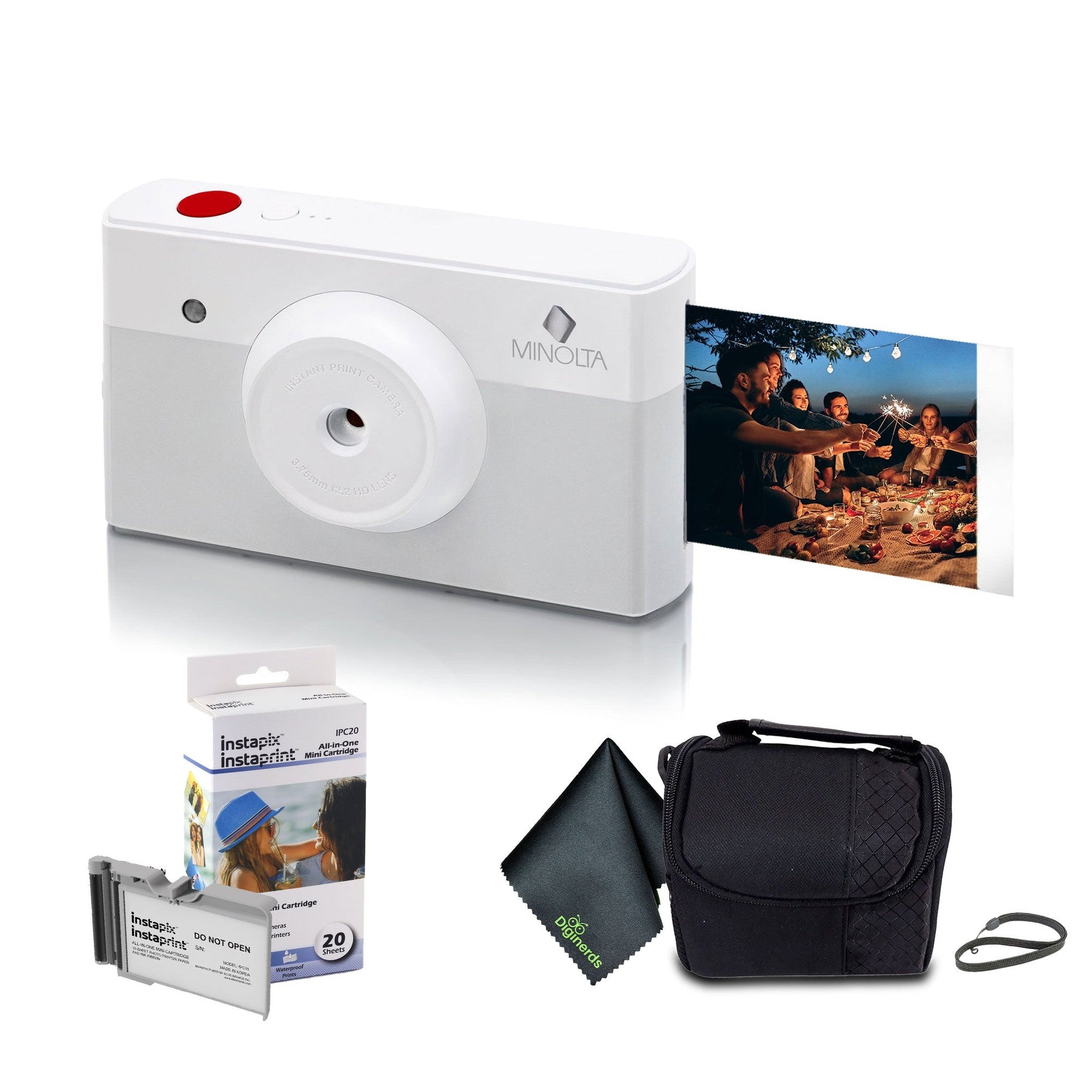 Minolta Instapix Print Camera with Printer Gray , Camera Bag, Diginerds Microfiber Cleaning Cloth, Instapix 2 pack Instaprint mini Cartridges 20 Photo Print , Bundle Minolta