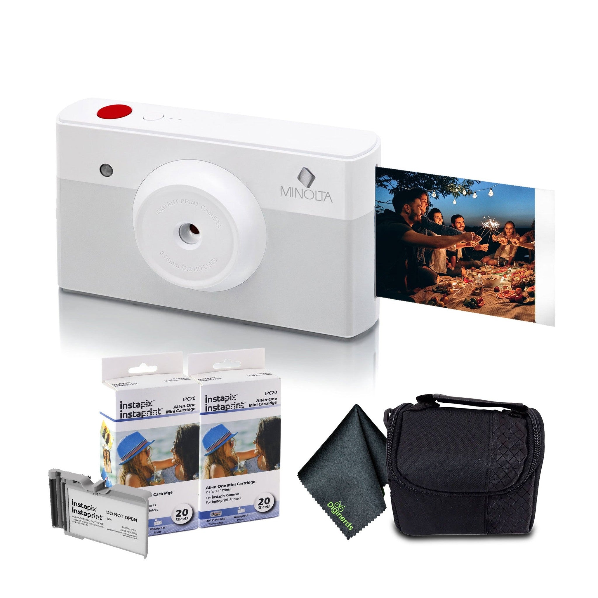 Minolta Instapix Print Camera with Printer Gray , Camera Bag, Diginerds Microfiber Cleaning Cloth, 2x Instapix 2 pack Instaprint mini Cartridges 20 Photo Print , Bundle Minolta