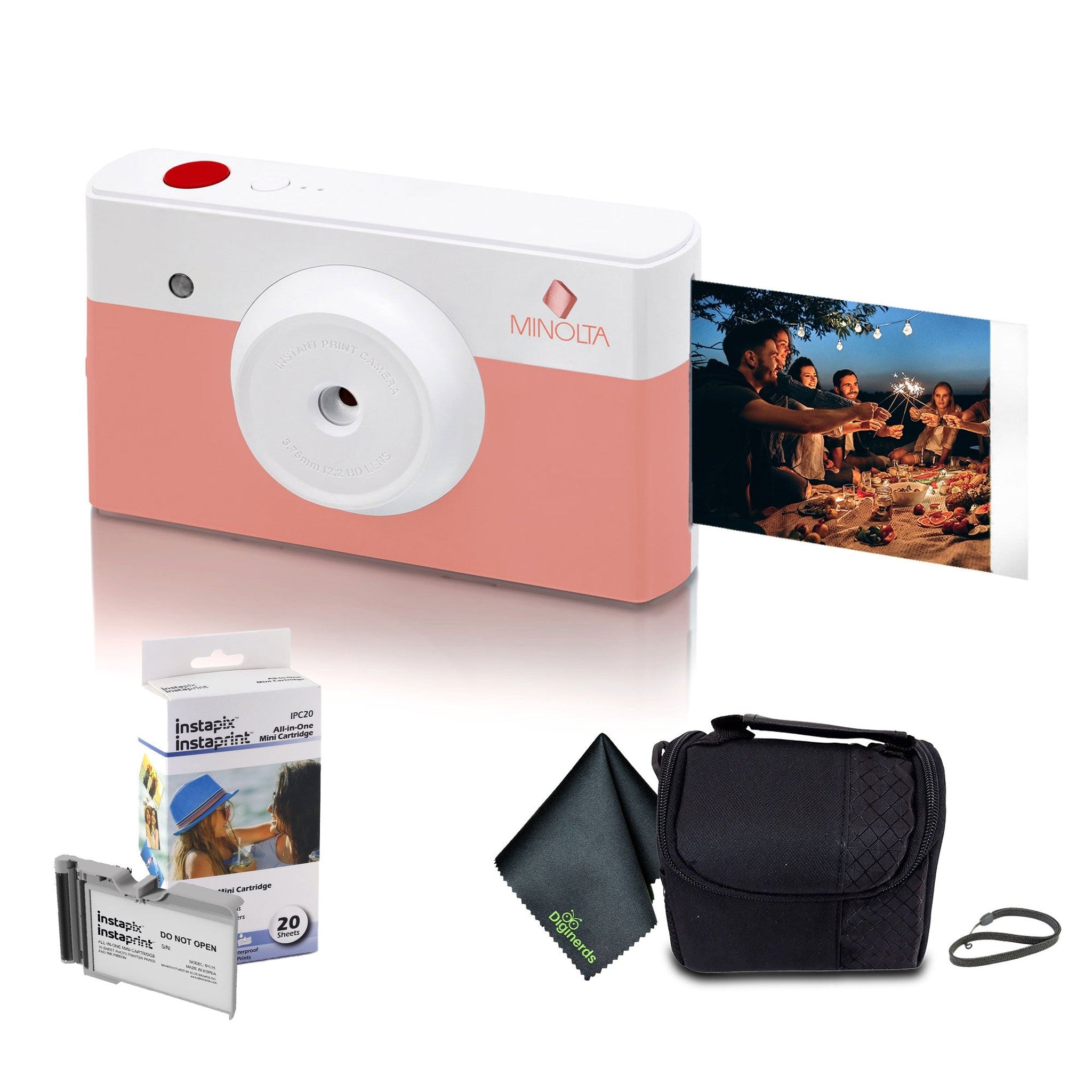 Minolta Instapix Print Camera with Printer Coral Pink , Camera Bag, Diginerds Microfiber Cleaning Cloth, Instapix 2 pack Instaprint mini Cartridges 20 Photo Print , Bundle Minolta
