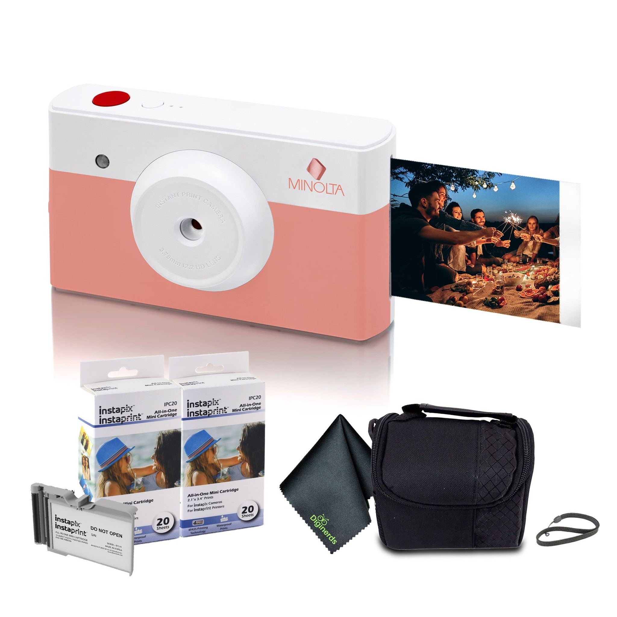 Minolta Instapix Print Camera with Printer Coral Pink , Camera Bag, Diginerds Microfiber Cleaning Cloth, 2x Instapix 2 pack Instaprint mini Cartridges 20 Photo Print , Bundle Minolta