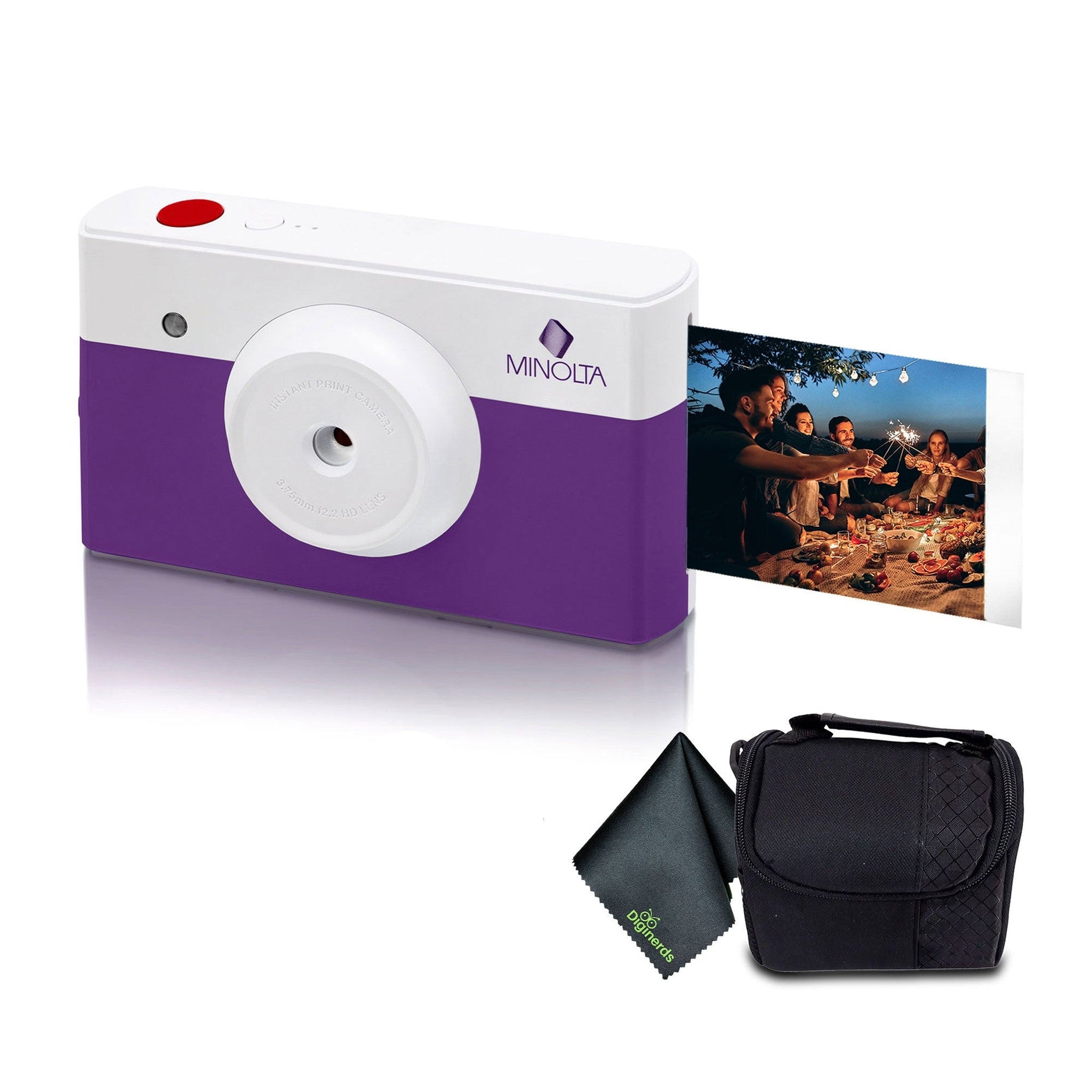 Minolta Instapix Print Camera with Printer Purple , Camera Bag, Diginerds Microfiber Cleaning Cloth, Bundle Minolta