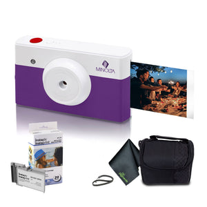 Minolta Instapix Print Camera with Printer Purple , Camera Bag, Diginerds Microfiber Cleaning Cloth, Instapix 2 pack Instaprint mini Cartridges 20 Photo Print , Bundle Minolta
