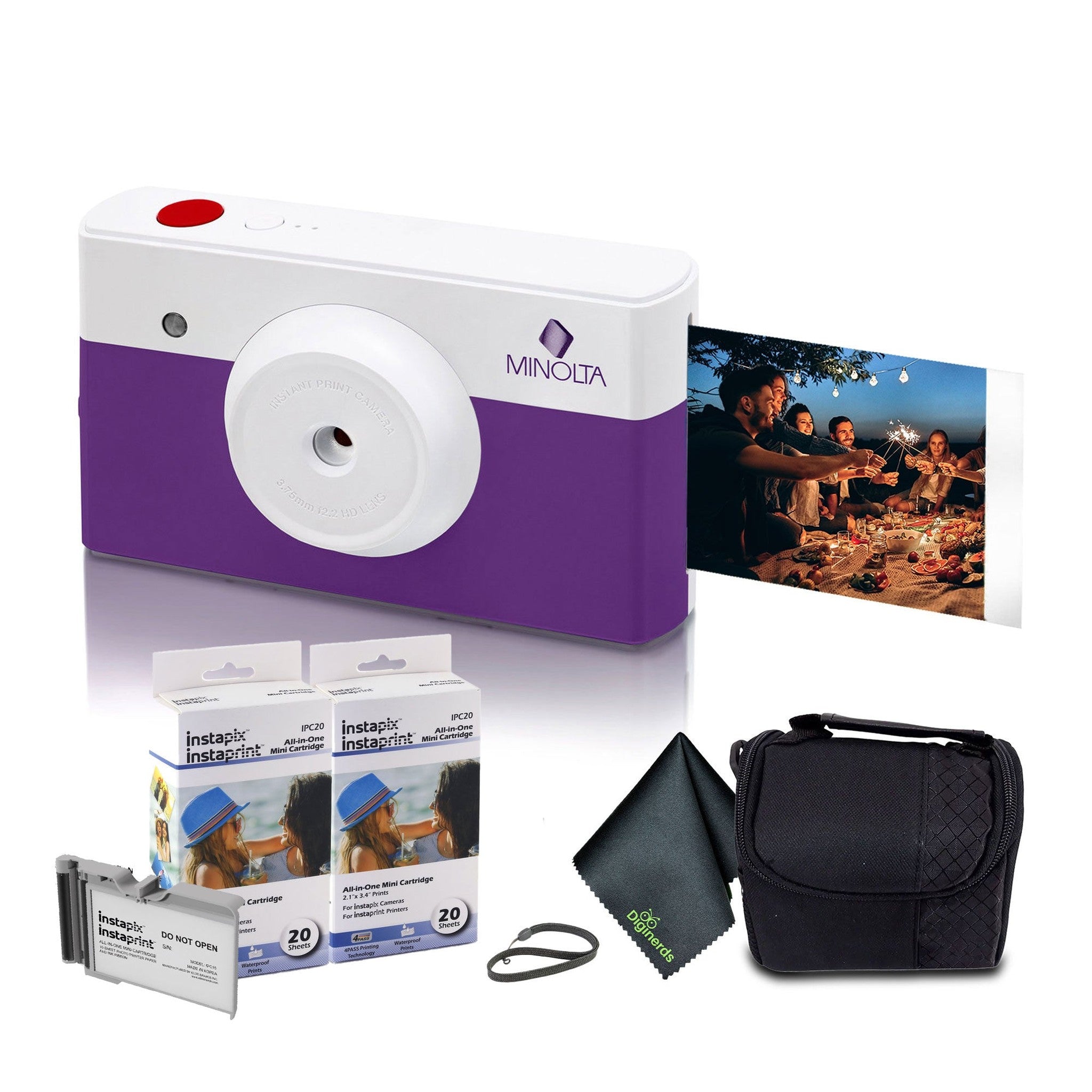 Minolta Instapix Print Camera with Printer Purple , Camera Bag, Diginerds Microfiber Cleaning Cloth, 2x Instapix 2 pack Instaprint mini Cartridges 20 Photo Print , Bundle Minolta