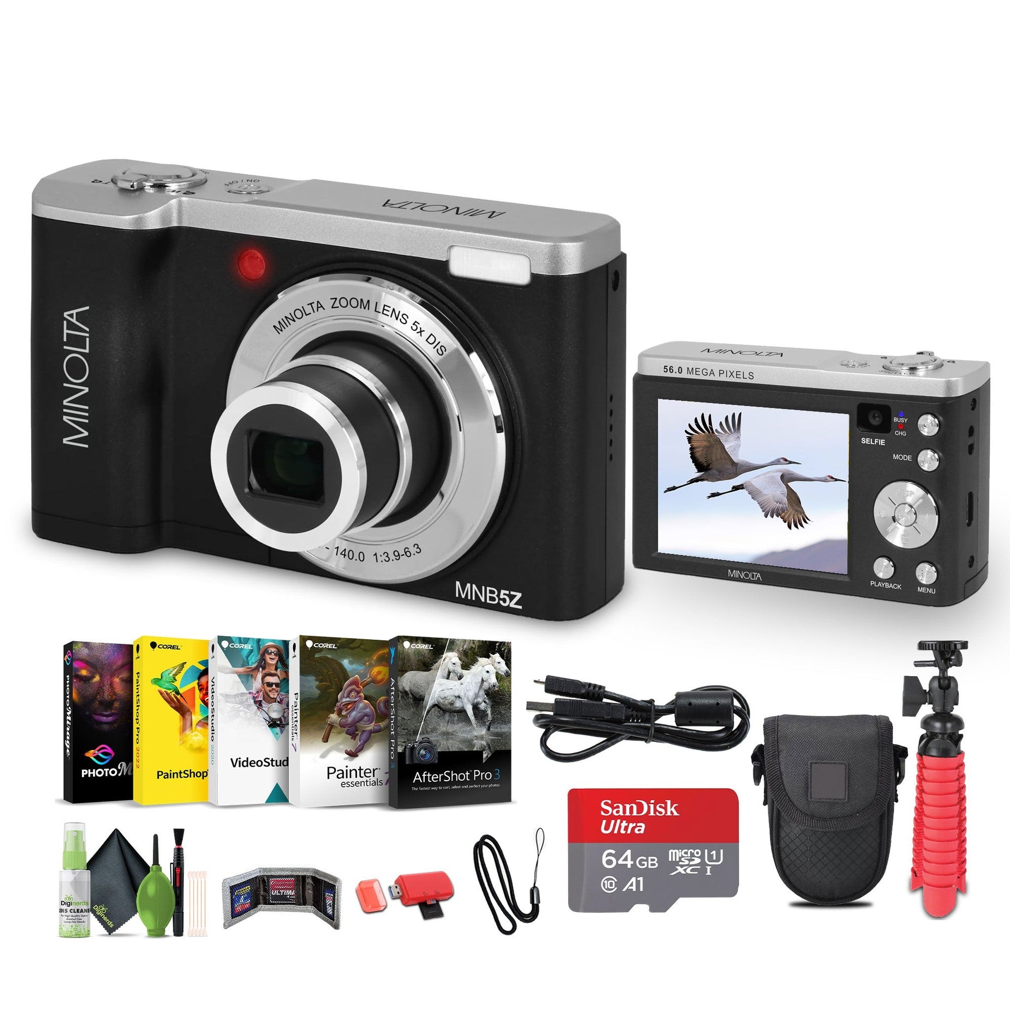 Minolta MNB5Z Digital Camera 56MP with 5x Optical Zoom in Black Bundle Minolta