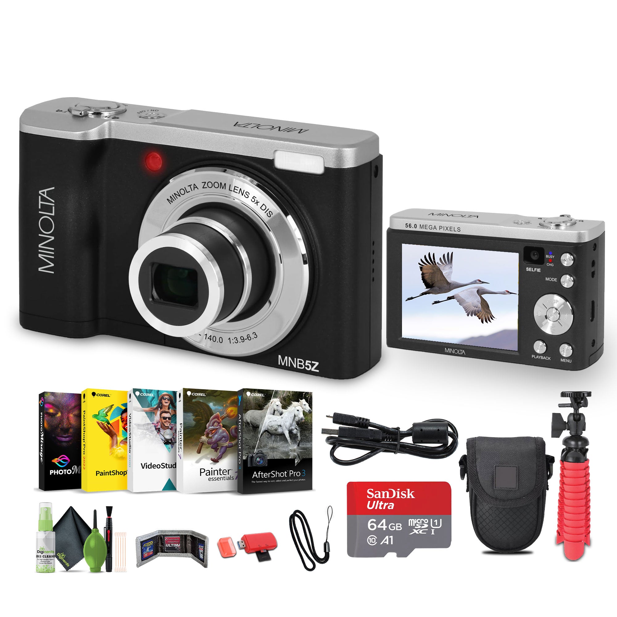 Minolta MNB5Z Digital Camera 56MP with 5x Optical Zoom in Black Bundle