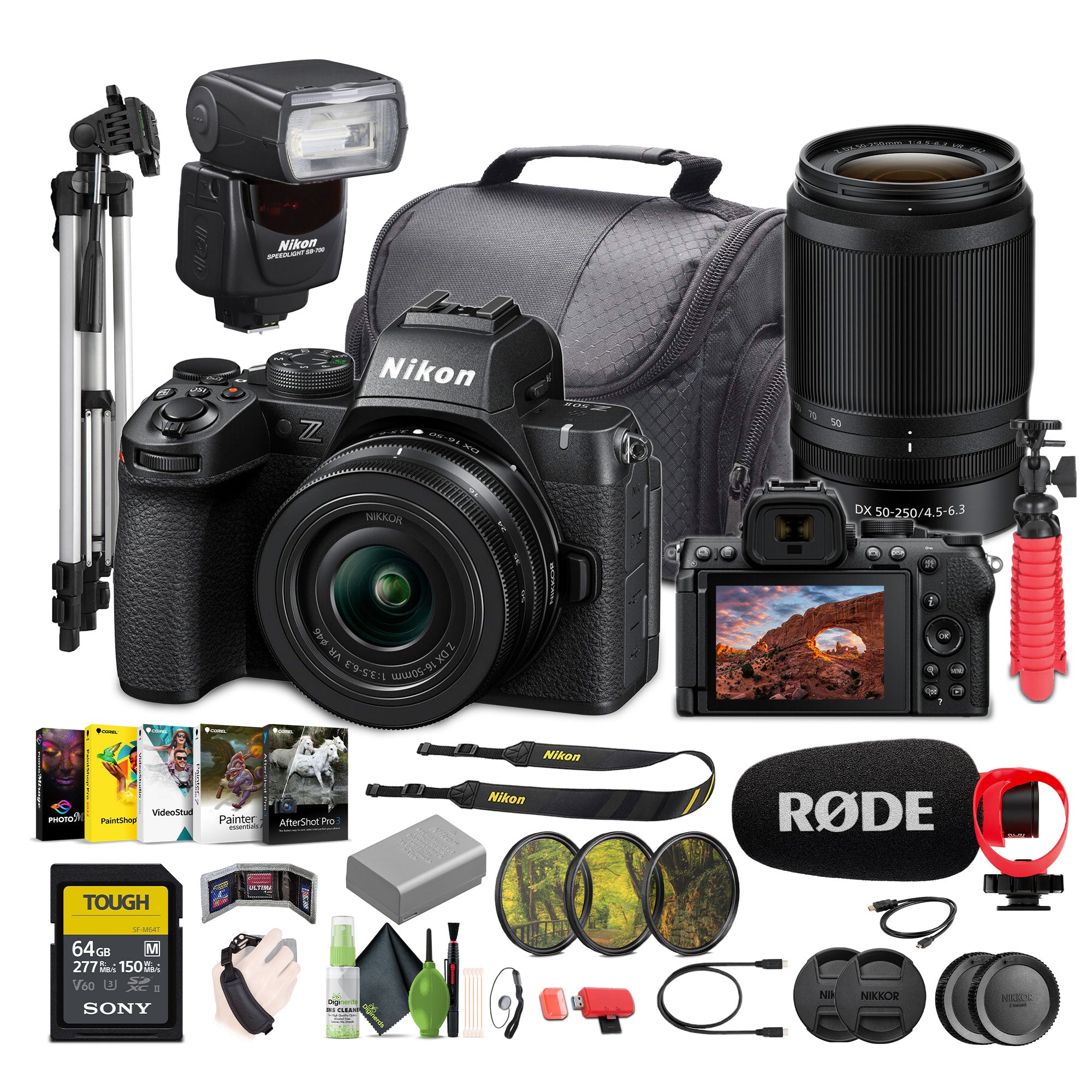 Nikon Z50II Mirrorless Camera + 16-50mm & 50-250mm Lenses + Rode Microphone+More