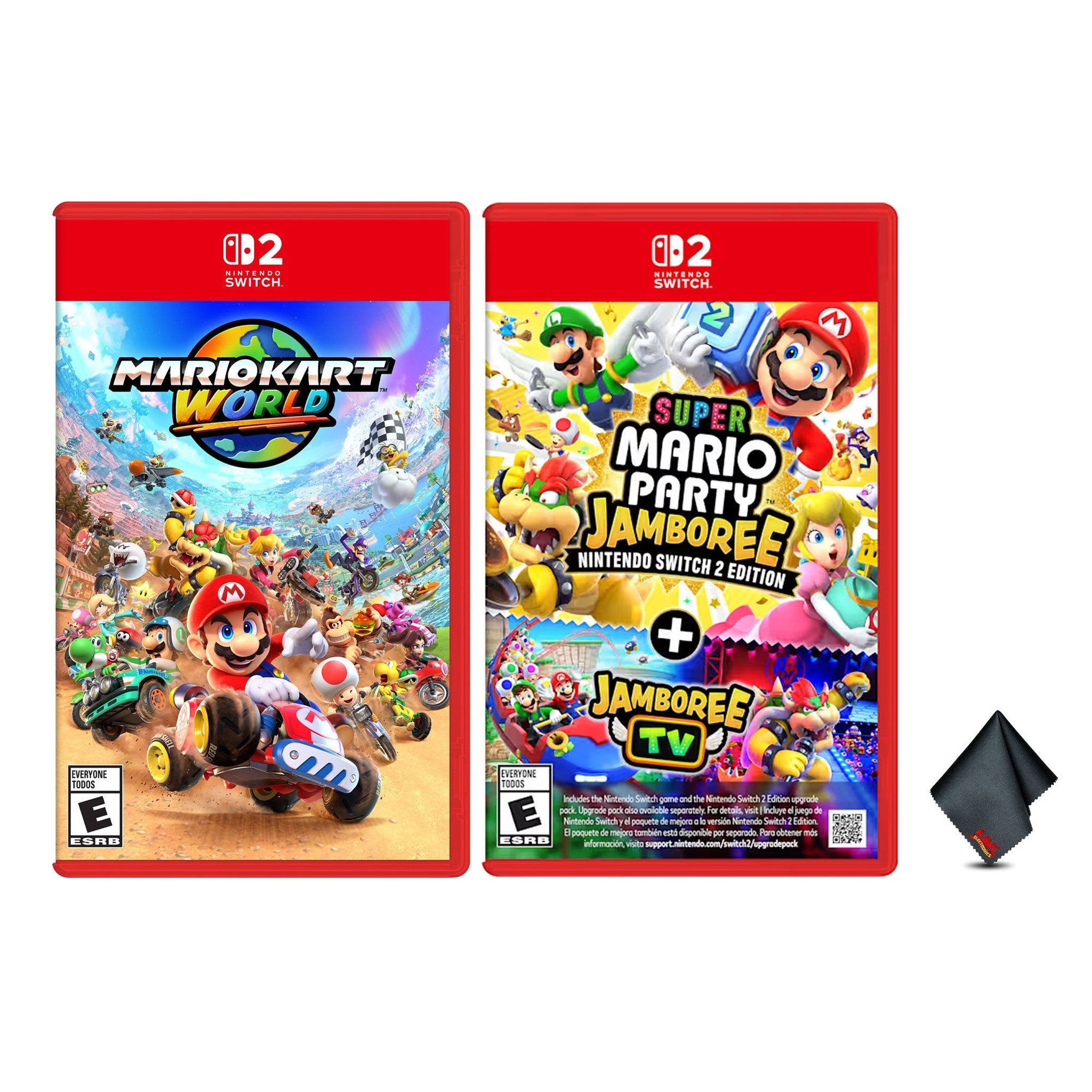 Nintendo Mario Kart World for Switch 2 + Super Mario Party Jamboree -  Switch 2 Edition + Jamboree TV + Microfiber Cleaning Cloth