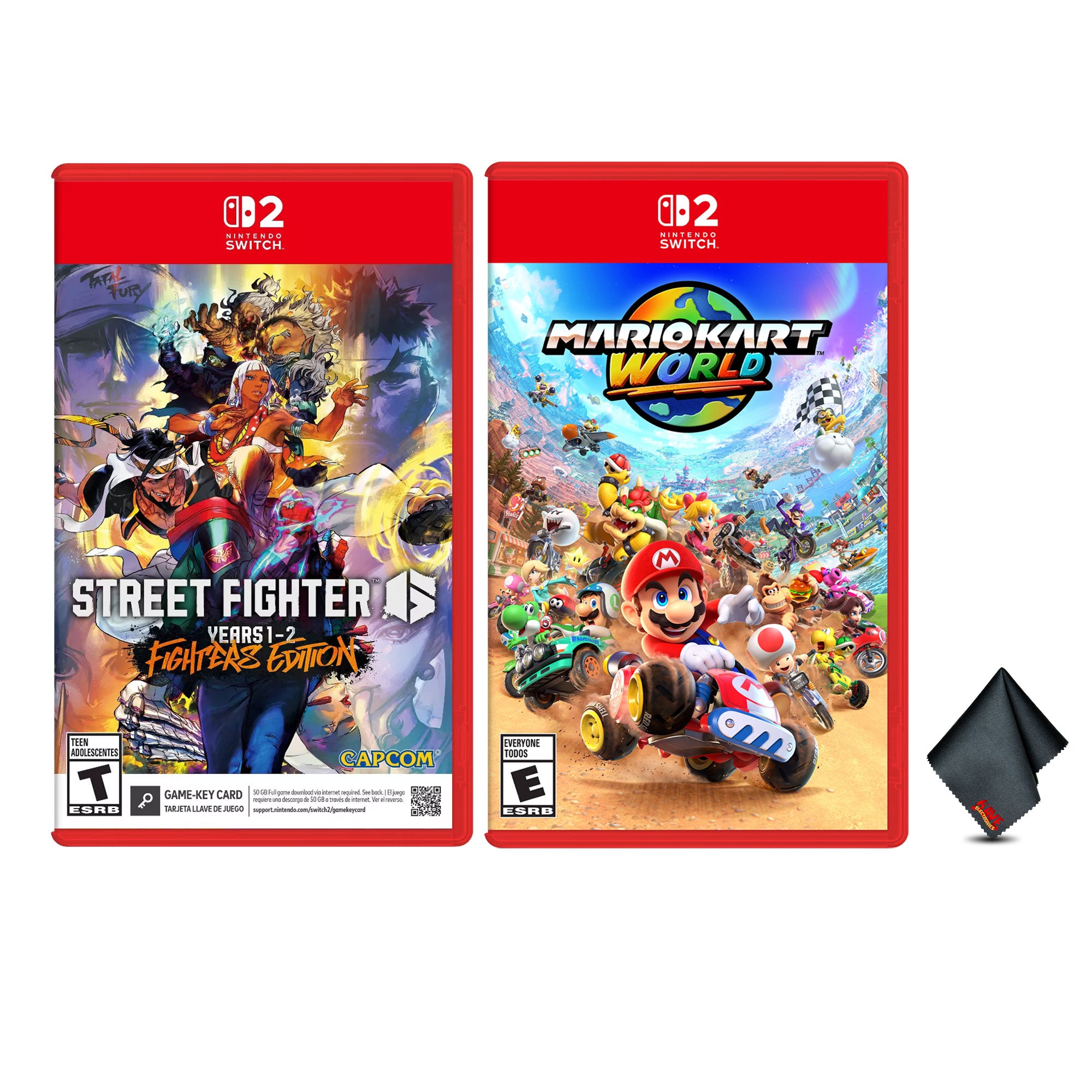 Nintendo Mario Kart World for Switch 2 + STREET FIGHTER 6 Year 1-2 Fighters Edition + Microfiber Cleaning Cloth