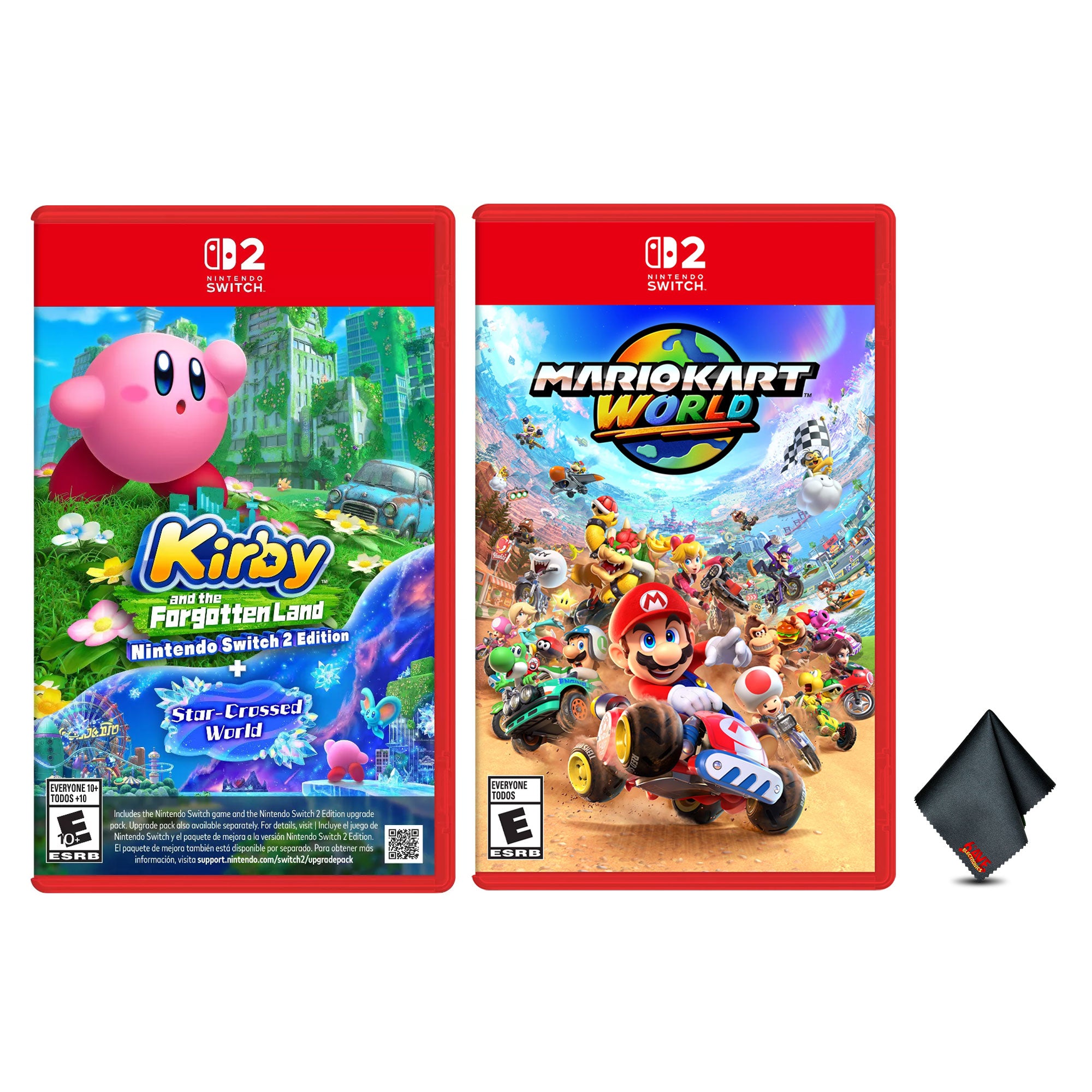 Nintendo Mario Kart World for Switch 2 + Kirby and the Forgotten Land Switch 2 Edition + Star-Crossed World + Microfiber Cleaning Cloth
