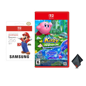 Nintendo Kirby and the Forgotten Land  Switch 2 Edition + Star-Crossed World Bundle With Samsung microSD Express Card 256GB + Microfiber Cleaning Cloth