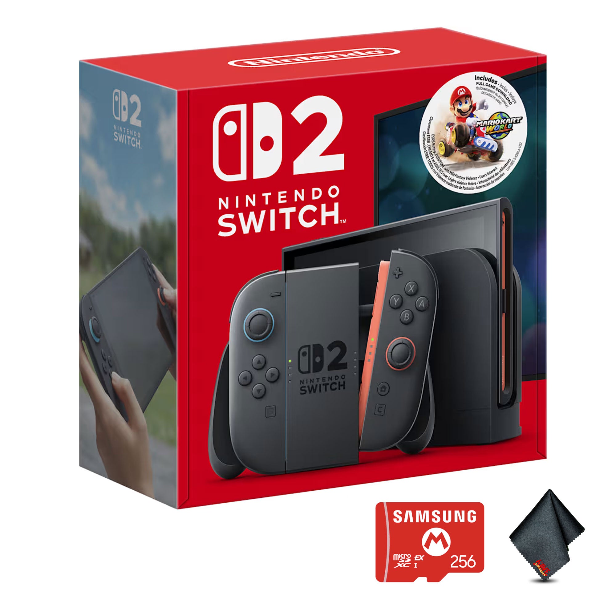 Nintendo Switch 2 Console Bundle with Mario Kart World Game – 7.9” HDR Touchscreen, Joy-Con 2, 4K Dock, Game Chat, TV & Handheld Play Modes With microSD Express Memory Card 256GB + Cleaning Cloth