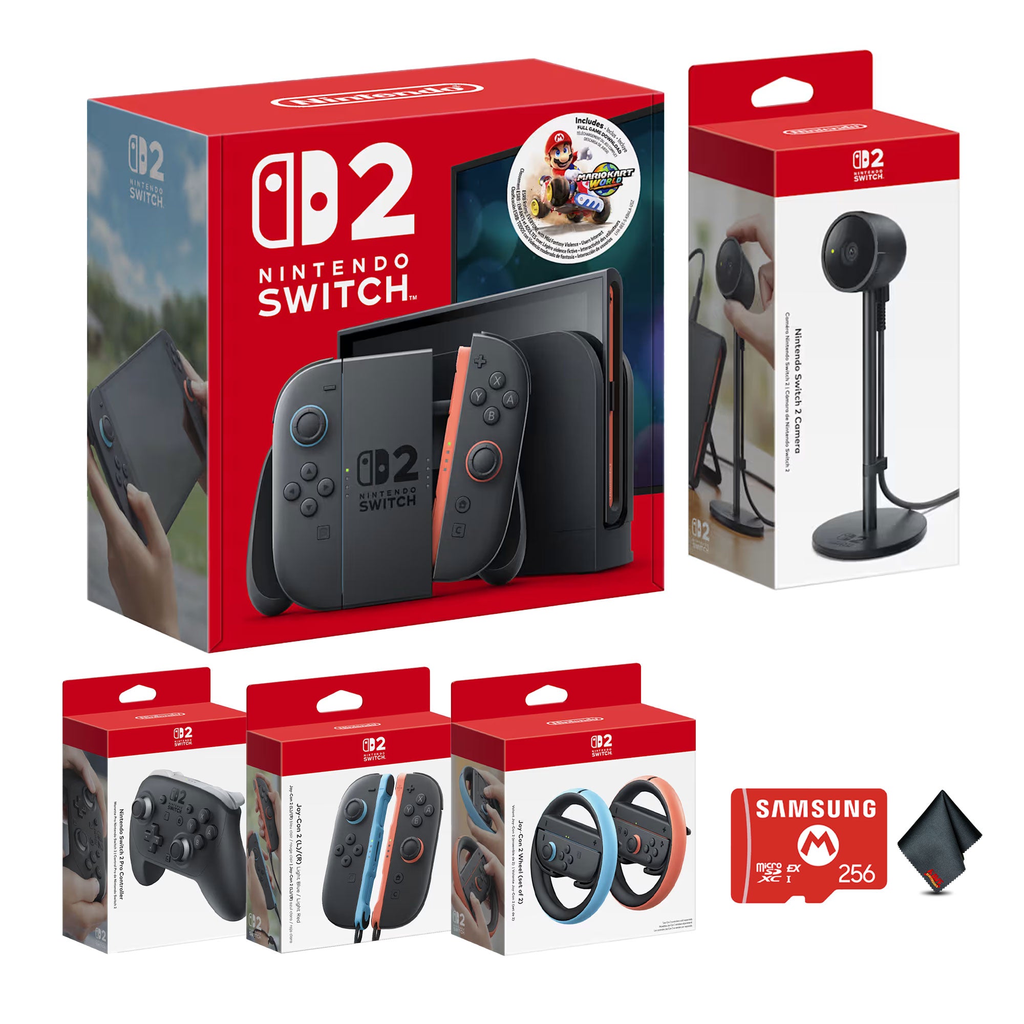 Nintendo Switch 2 Console Bundle with Mario Kart World Game + Joy-Con 2 L / R Light Blue/Light Red + Pro Controller + Joy-Con 2 Wheel set of 2 + Switch 2 Camera + More