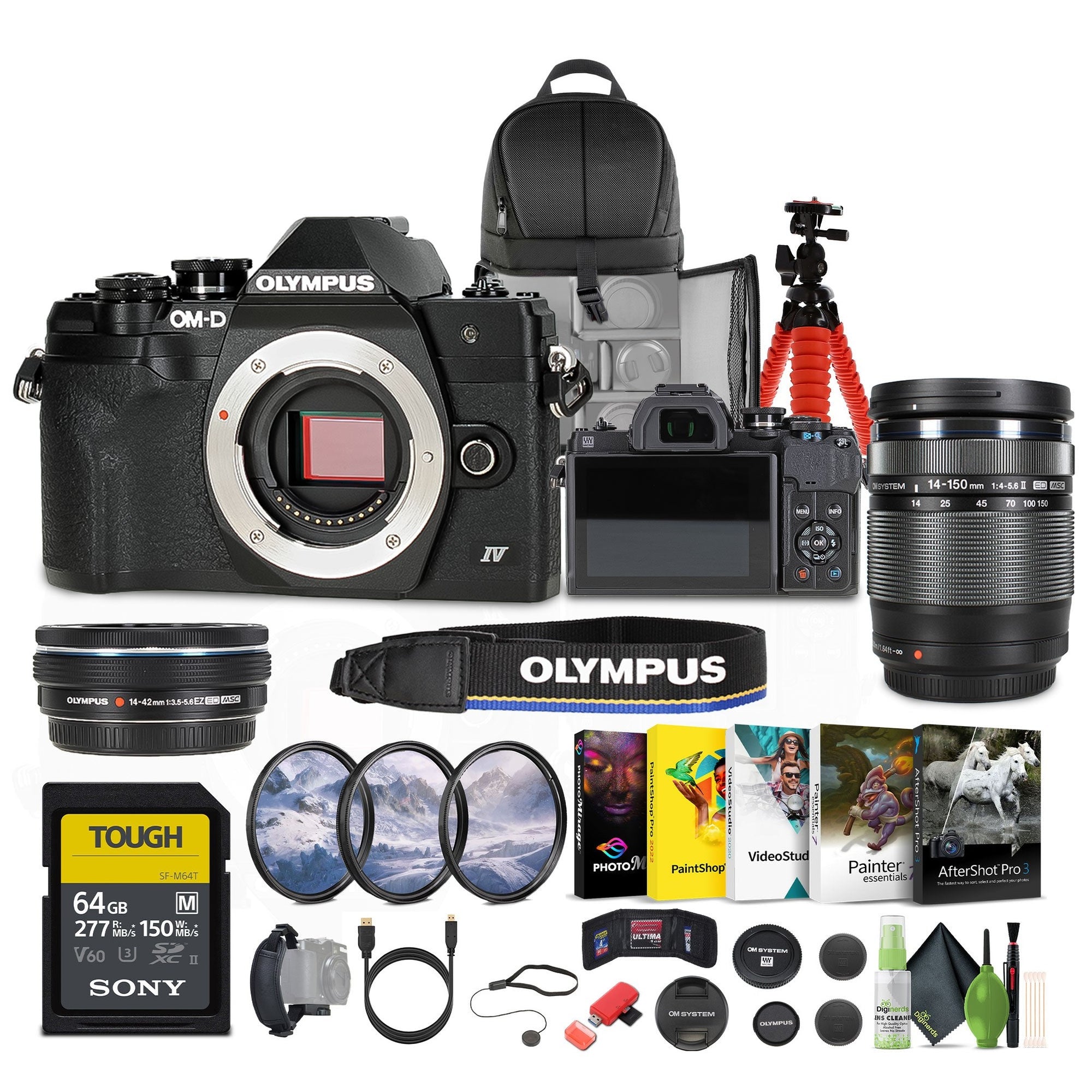 Olympus OM-D E-M10 Mark IV Mirrorless Digital Camera with 14-42mm and 40-150 mm Lens + 3PC MC PRO FILTER KIT UV/CPL/F 37MM + 64GB SF-M Tough Series UHS-II SDXC Memory Card + More