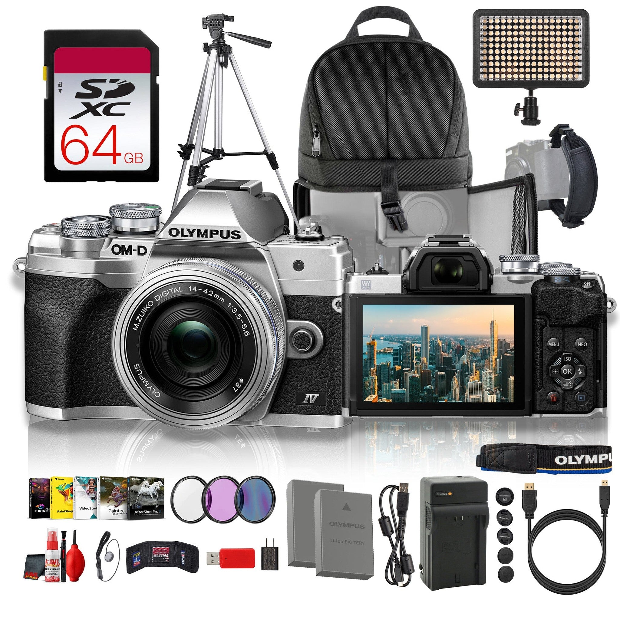 Olympus OM-D E-M10 Mark IV Mirrorless Camera Silver 14-42mm EZ Lens 20.3MP 4K Bundle