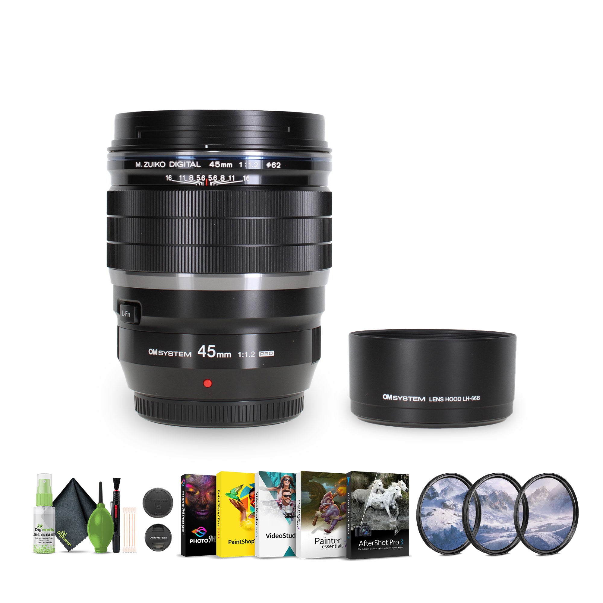 OM SYSTEM M.Zuiko Digital ED 45mm f/1.2 PRO Lens (Micro Four Thirds) + 62mm 3 Piece High Resolution Filter Kit + VIVLC4.5 + Cleaning kit + Corel Photo, Video, & Art Suite Deluxe