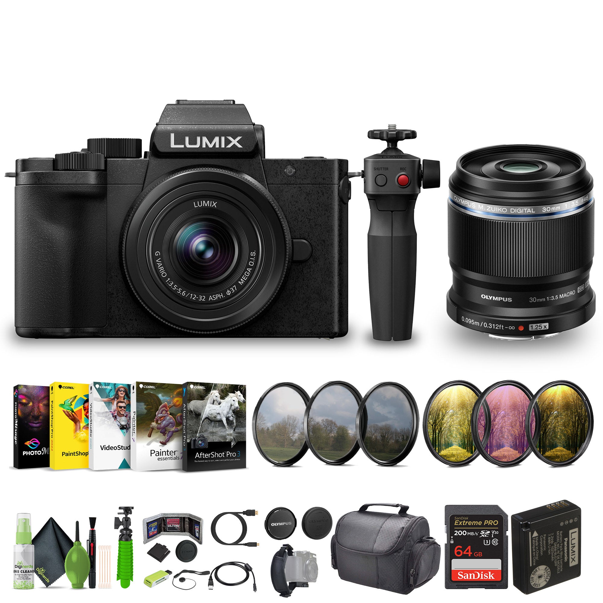 Panasonic Lumix G100D 4K Mirrorless Camera + M.Zuiko ED 30mm f/3.5 Lens Bundle