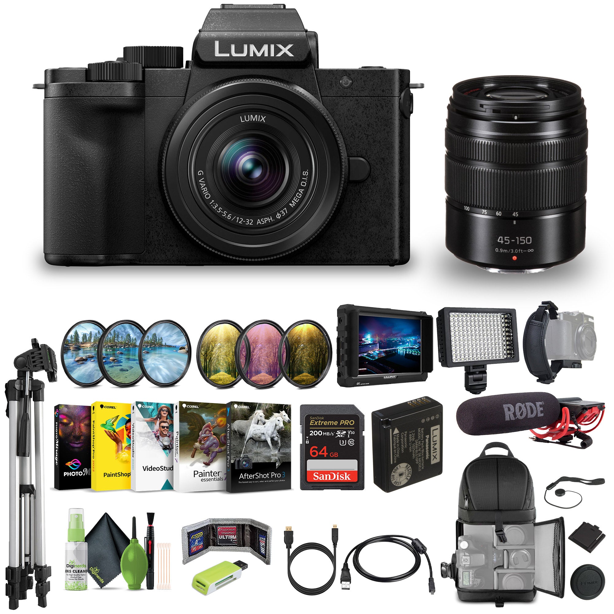 Lumix G100D 4K Mirrorless Camera 12-32mm + G Vario 45-150mm, Vlogging Bundle