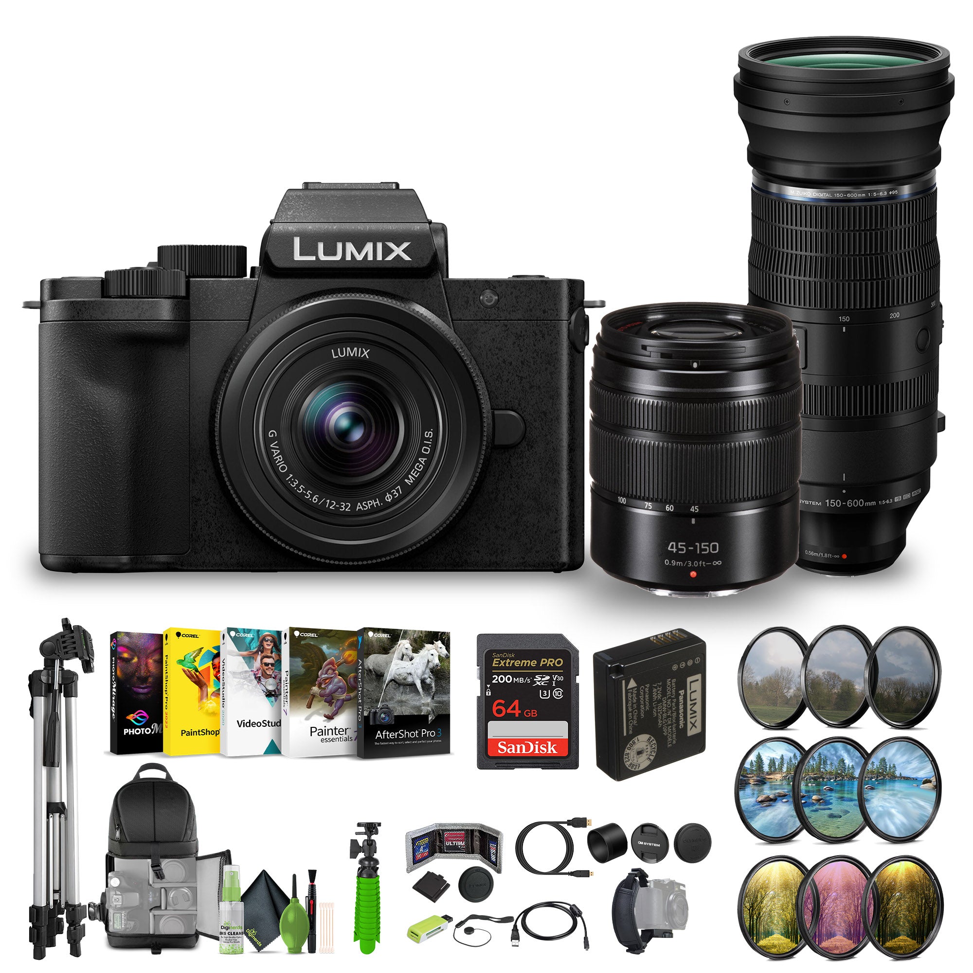 Lumix G100D 4K Mirrorless Camera +12-32mm+G Vario 45-150mm+ M.Zuiko ED 150-600mm