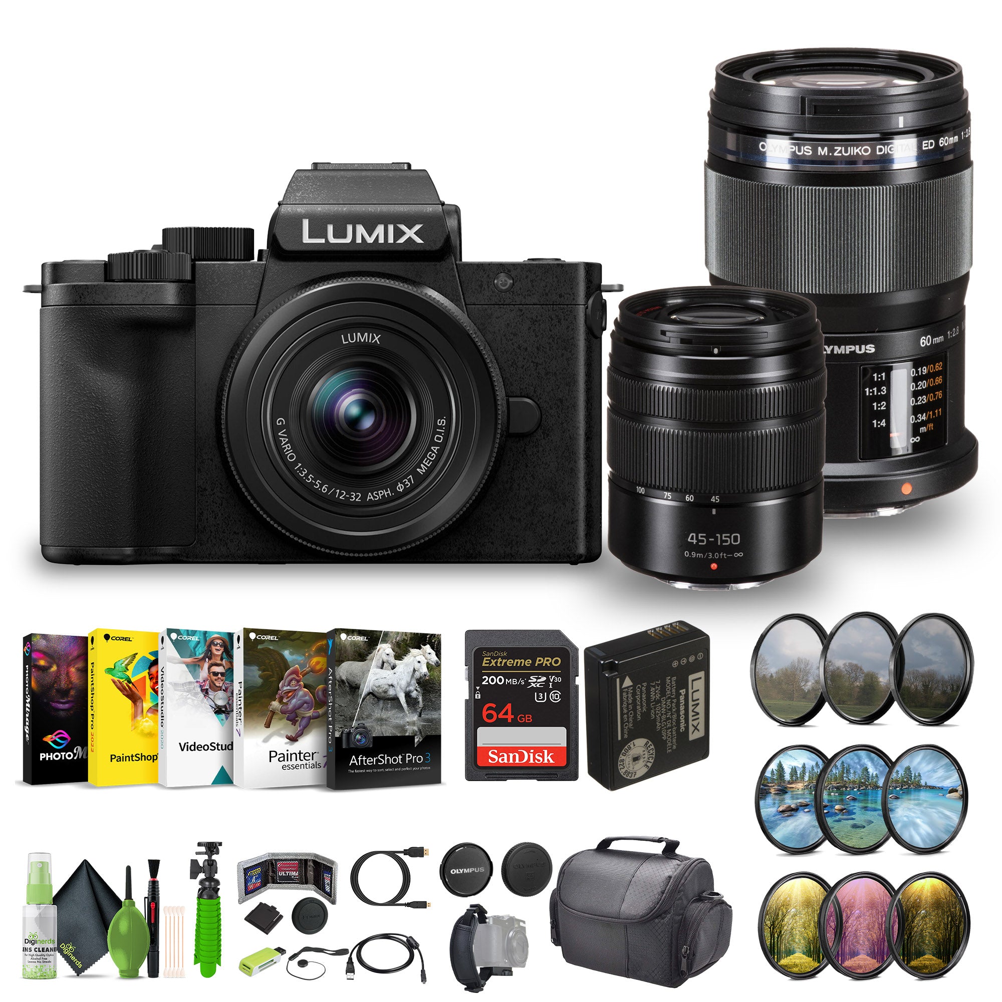 Lumix G100D 4K Mirrorless Camera M.Zuiko ED 60mm Lens+12-32mm+G Vario 45-150mm