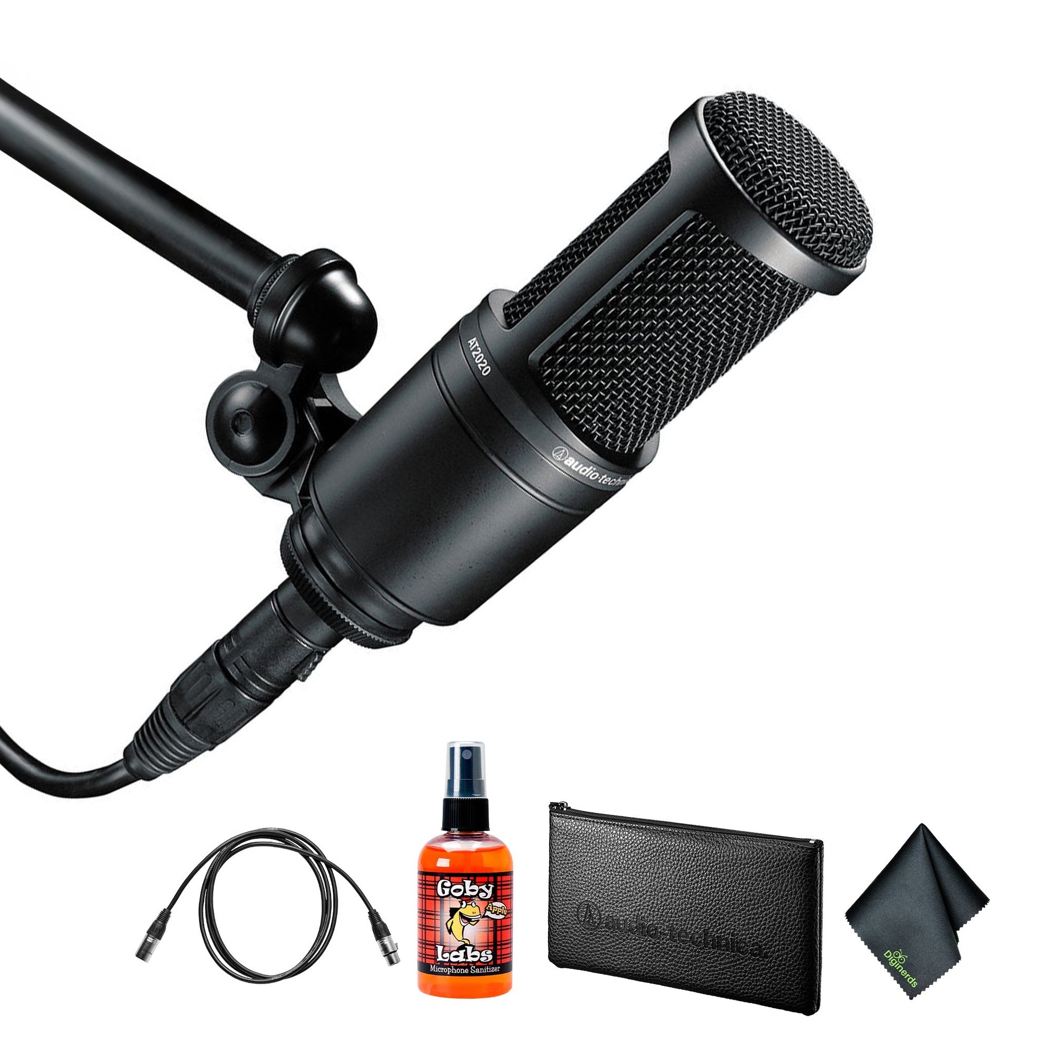 Audio-Technica AT2020 Cardioid Condenser Microphone Black , Diginerds Microfiber Cleaning Cloth, Goby Labs Microphone cleaner, 10 Ft XLR Cable, Bundle