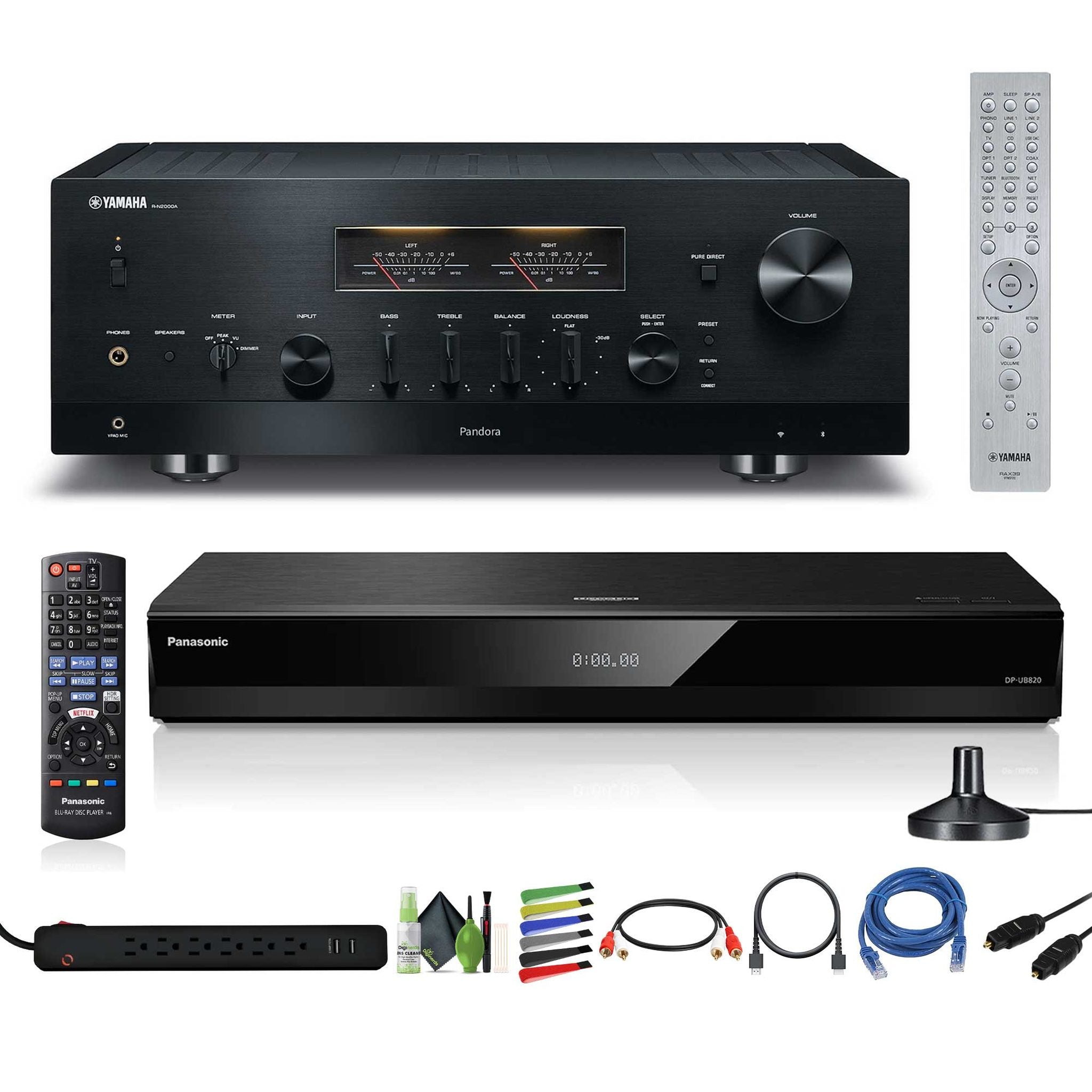 Yamaha R-N2000A 2.1-Channel Network Stereo Receiver Black , Panasonic DP-UB820-K HDR 4K UHD Network Blu-ray Player, Cat5e Ethernet Patch Cable Stranded - Black, Bundle