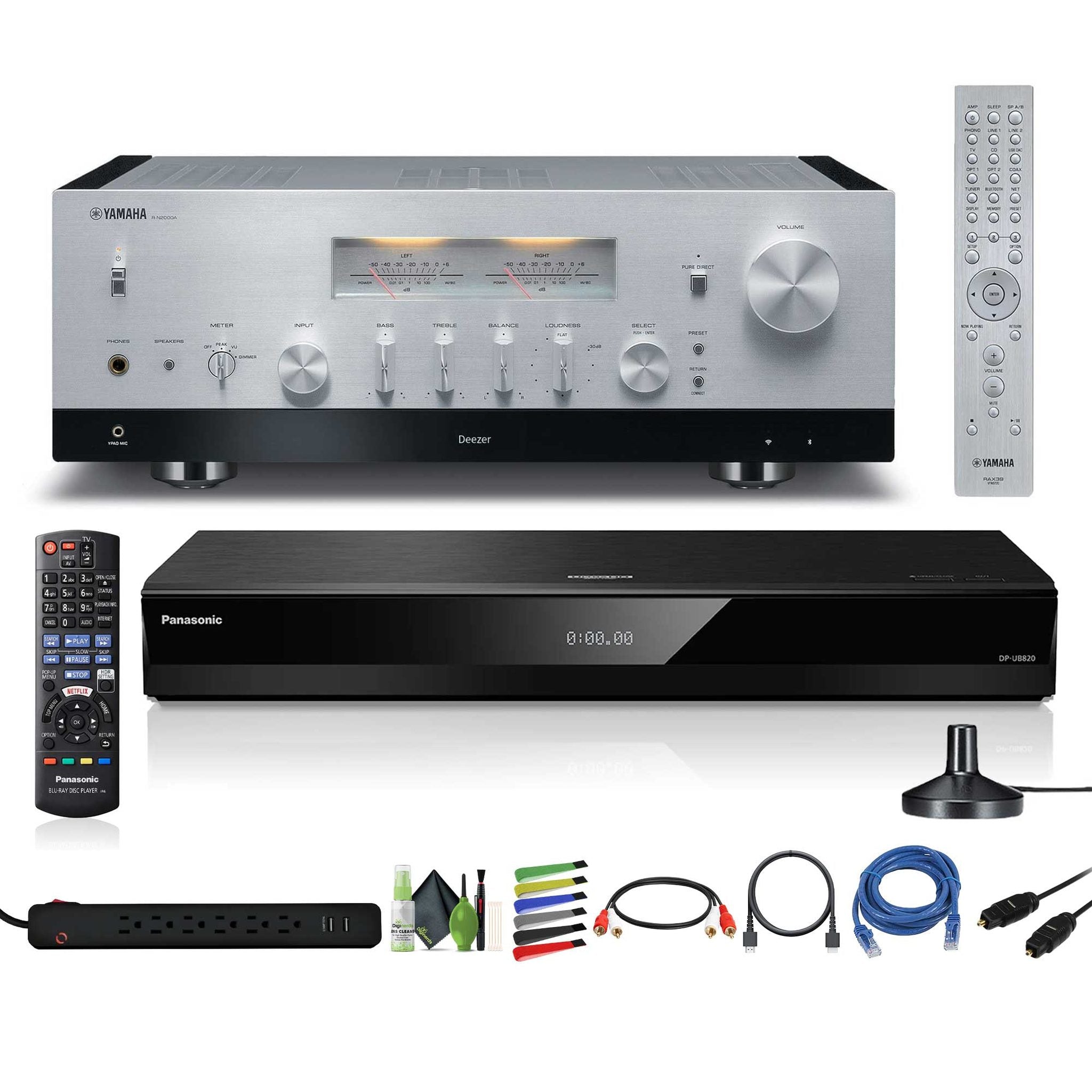 Yamaha R-N2000A 2.1-Channel Network Stereo Receiver Silver , Panasonic DP-UB820-K HDR 4K UHD Network Blu-ray Player, Cat5e Ethernet Patch Cable Stranded - Black, Bundle